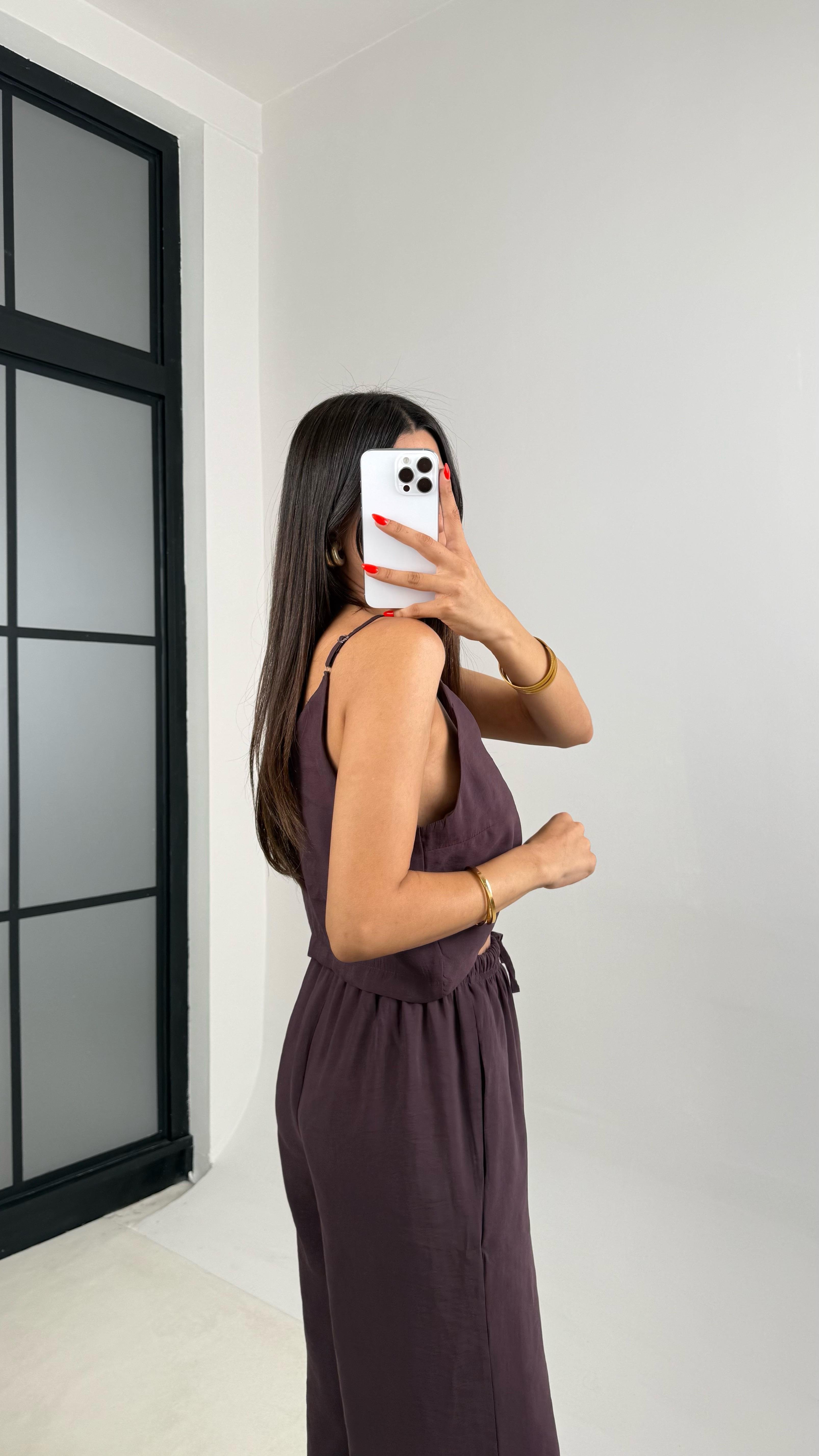 Mürdüm Ayarlanabilir Askılı Bluz Beli Lastikli Pantolon Tencel Takım GAUS-0015GAUSTAKIMGAUS-0015