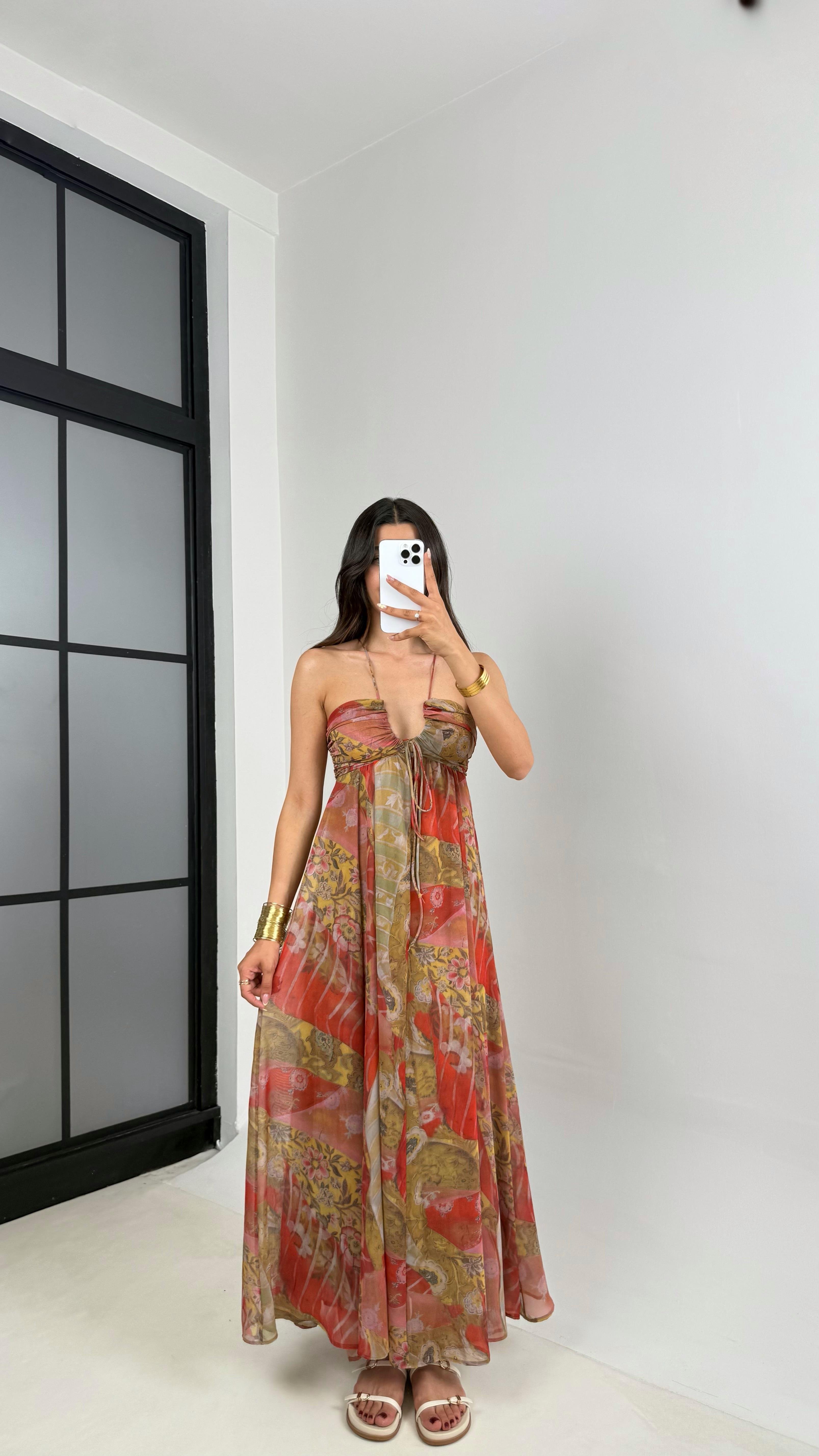 ZR Muadil Desenli Dekolteli Astarlı Şifon Elbise Gaus00651GausELBİSEGU1002513