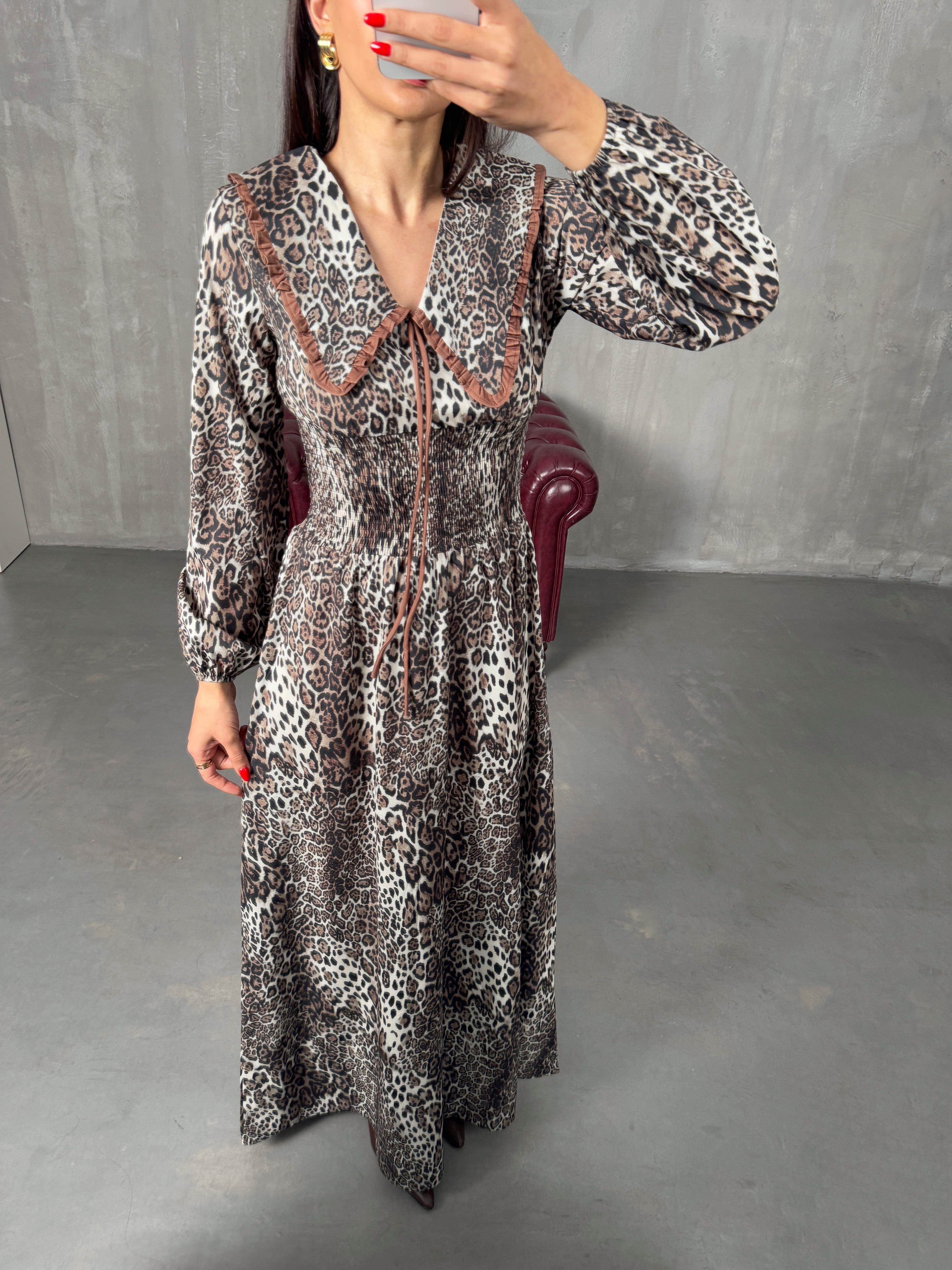 Leopar Desenli Yakalı Beli Lastikli ElbiseGausELBİSEGU00904330