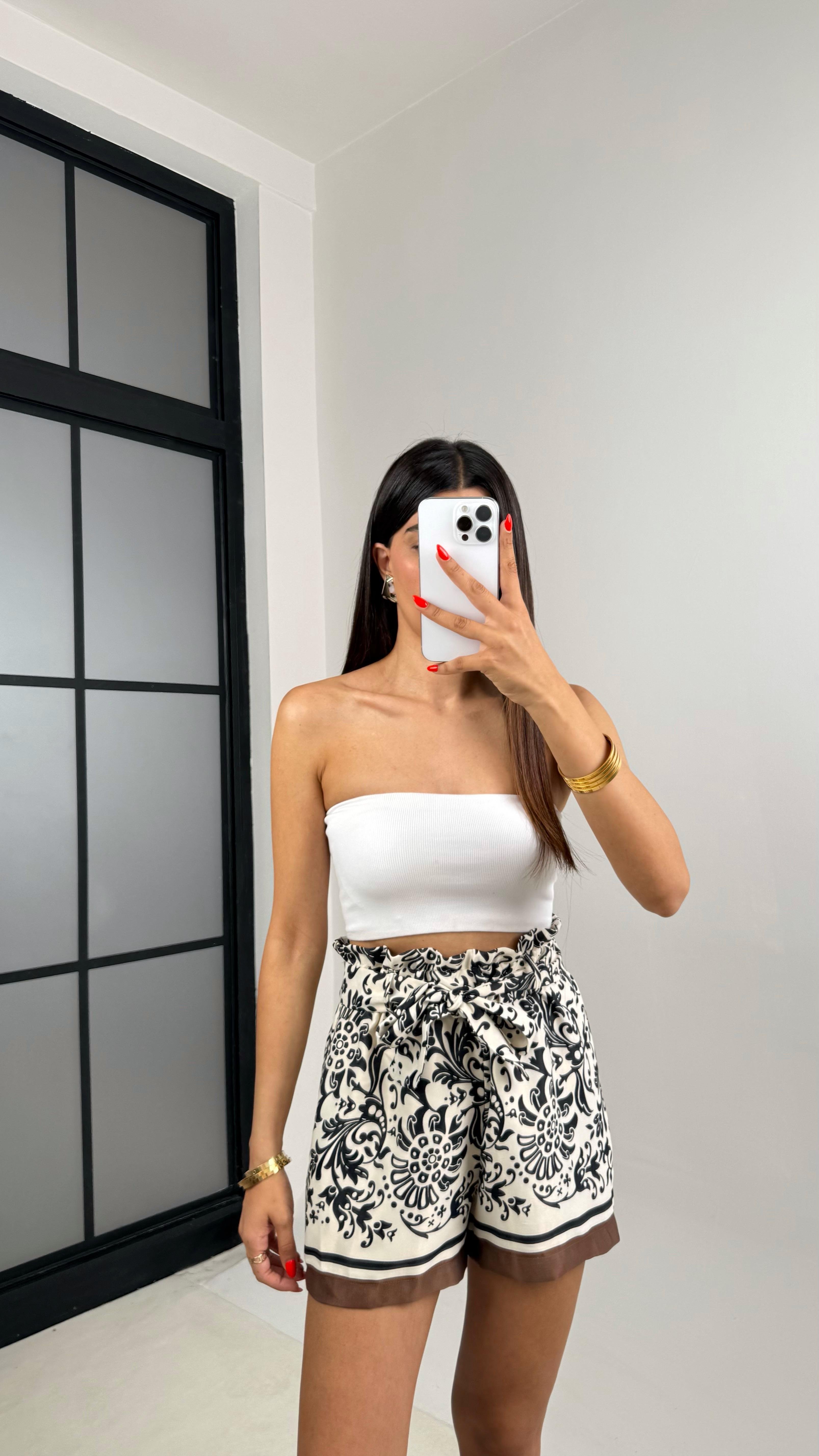 Kahve Etnik Desenli Kuşaklı Saten Şort GAUS-0021GAUSŞORTGAUS-0021