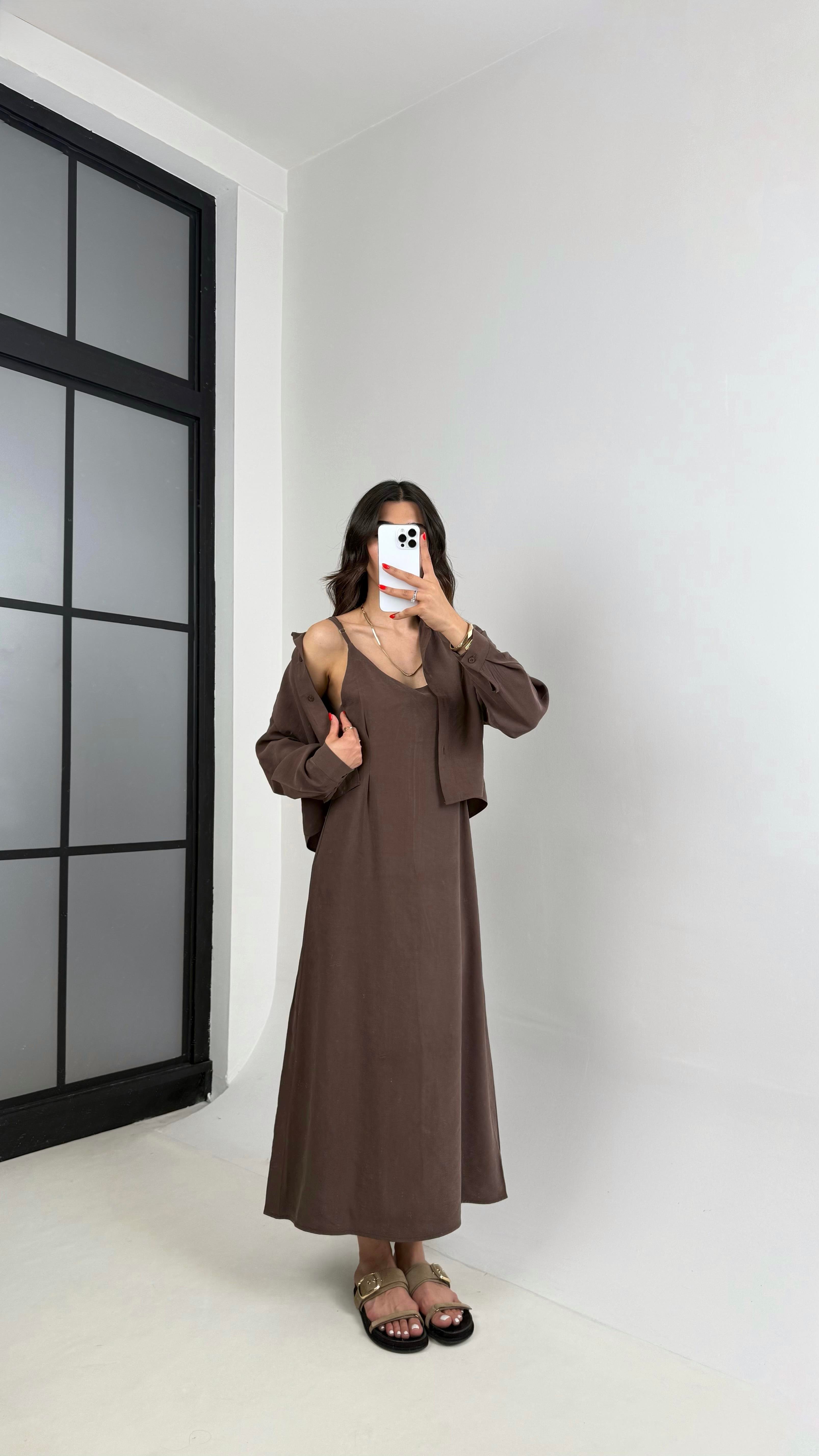 Acı Kahve Ayarlanabilir Askılı Elbise Gömlek İkili Tensel Takım Gaus00467GausTAKIMGU1002095