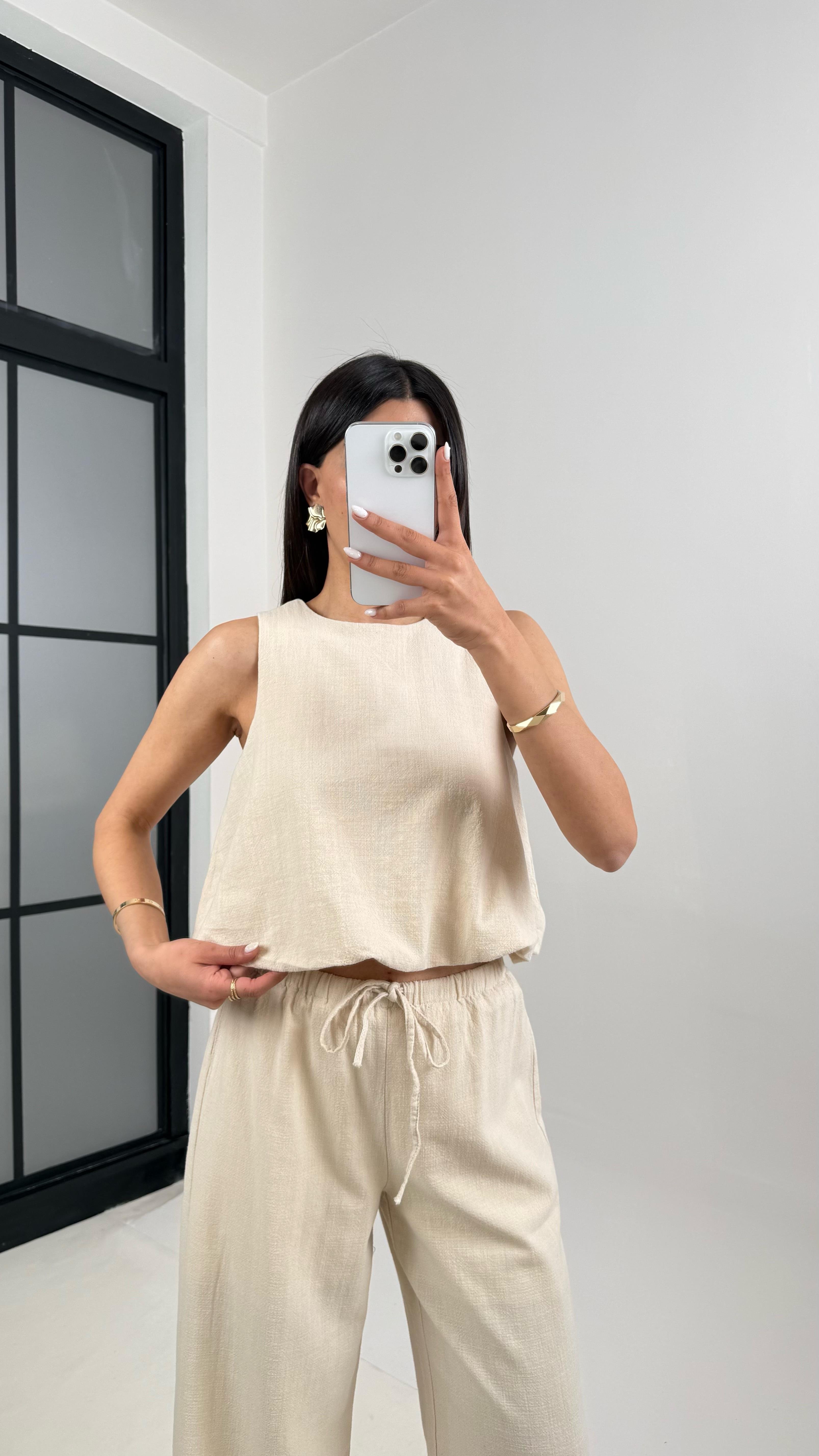 Taş Balon Üst Beli Lastikli Pantolon Astarlı Keten Takım Gaus00353GausTAKIMGU1001820