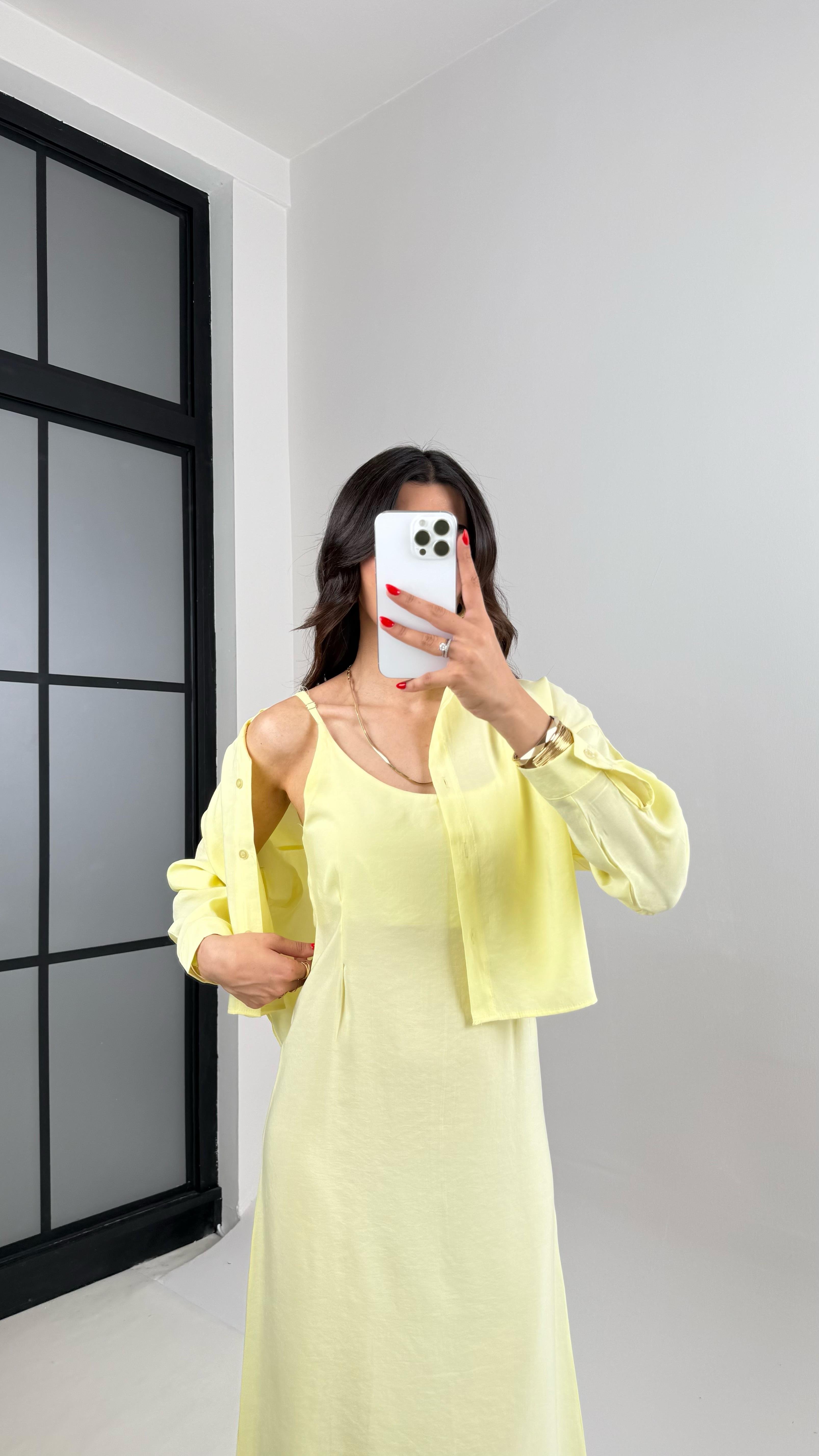 Sarı Ayarlanabilir Askılı Elbise Gömlek İkili Tensel Takım Gaus00467GausTAKIMGU1002093