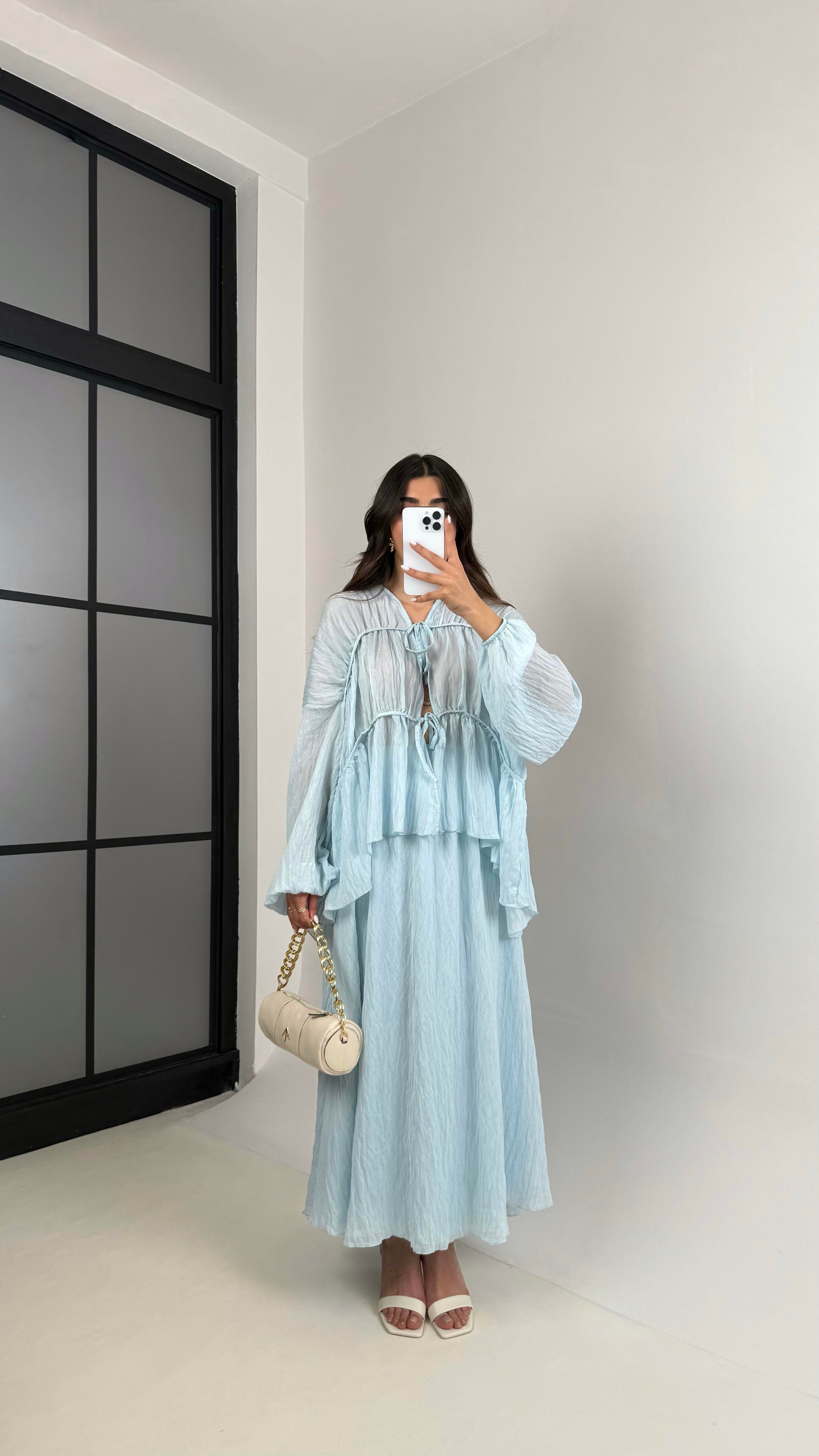 Mavi Gipeli Önden Bağlamalı Üst Astarlı Etek İkili Kırışık Kumaş Takım Gaus00426GausTAKIMGU1001994