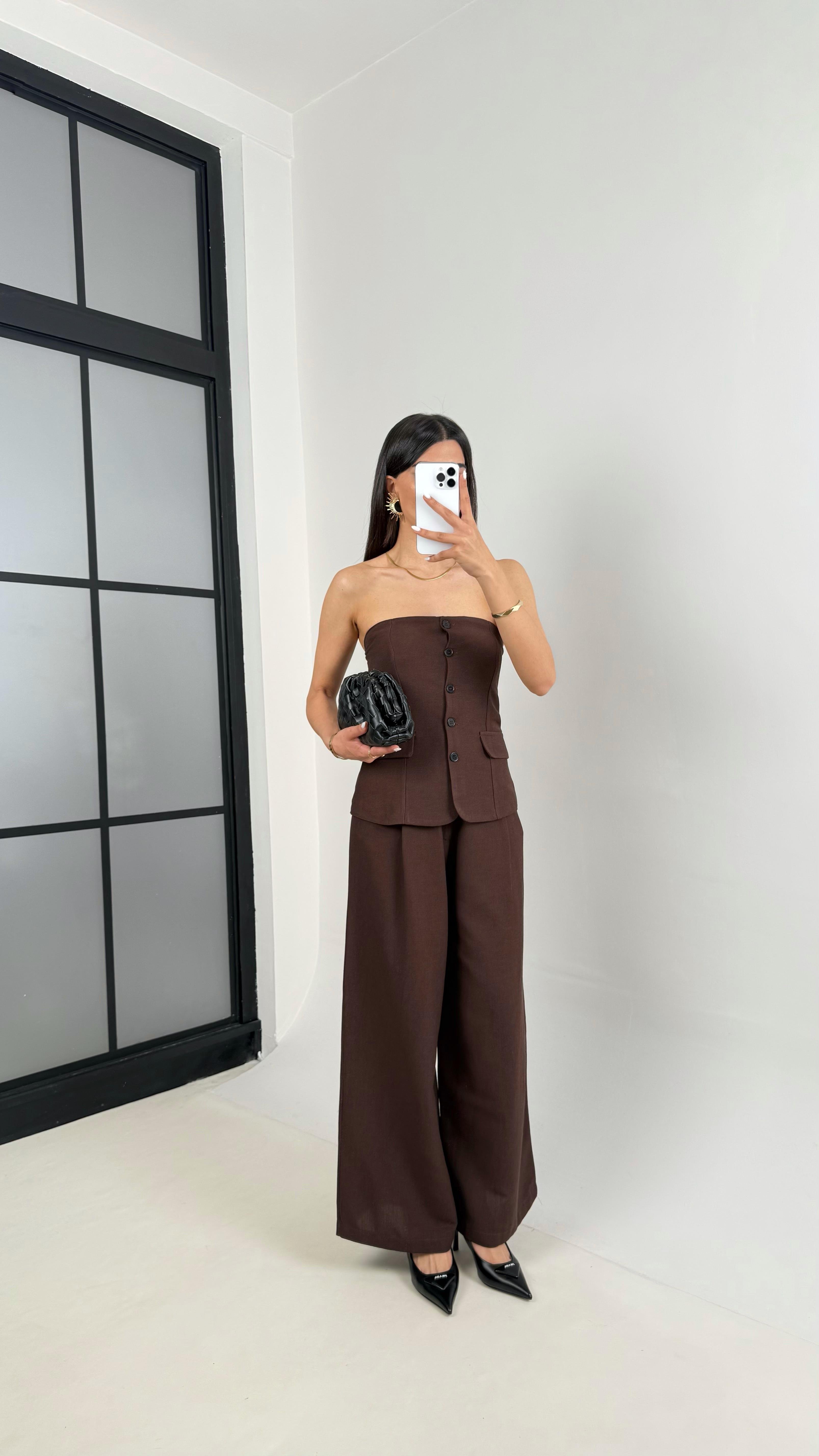 Acı Kahve Straplez Düğmeli Üst Cepli Pantolon İkili Keten Tasarım Takım Gaus00440GausTAKIMGU1002021