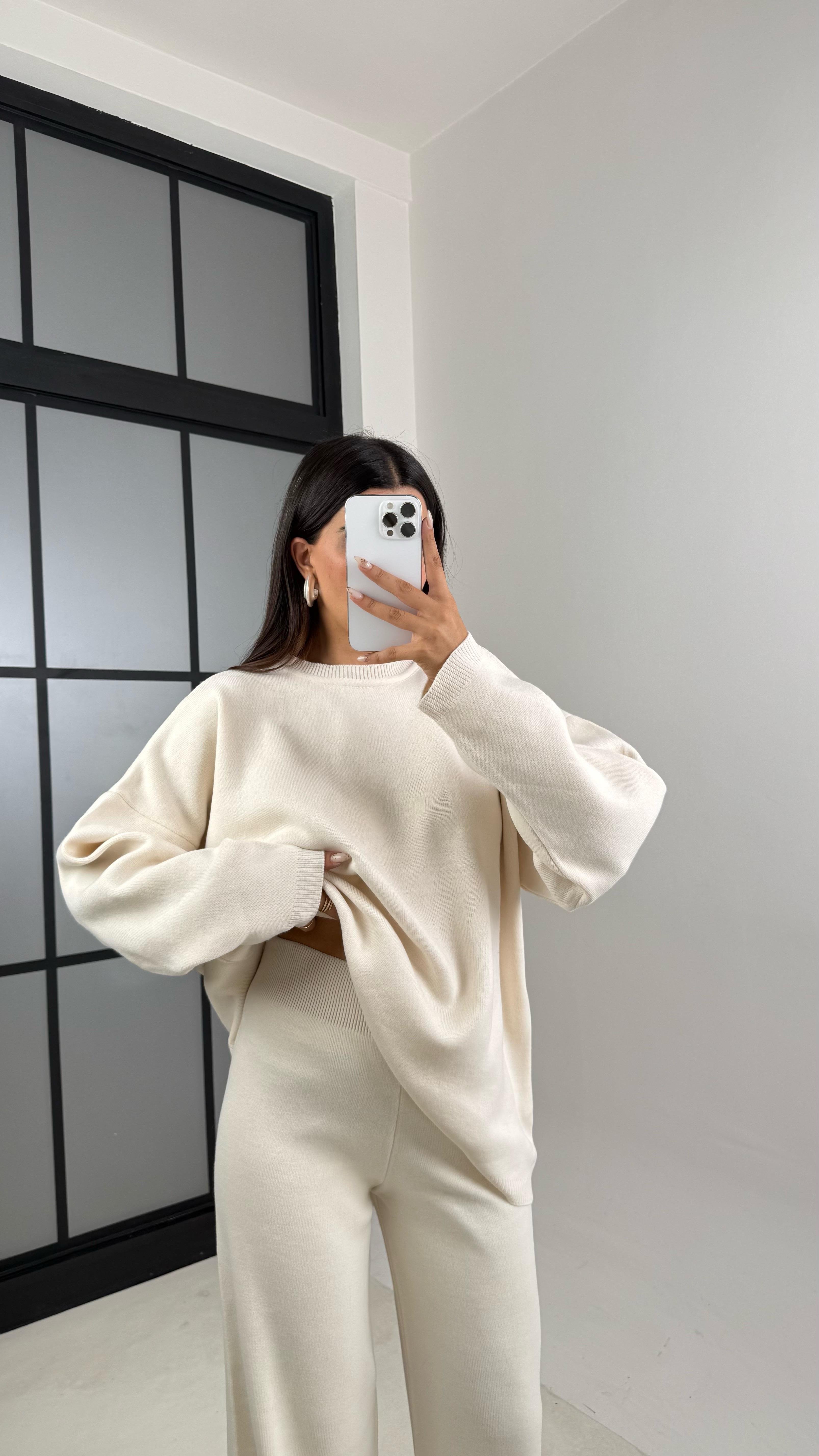 Ekru Uzun Kol Kazak Beli Lastikli Pantalon İkili Triko Takım GAUS-00103GAUSTAKIMGAUS-00103