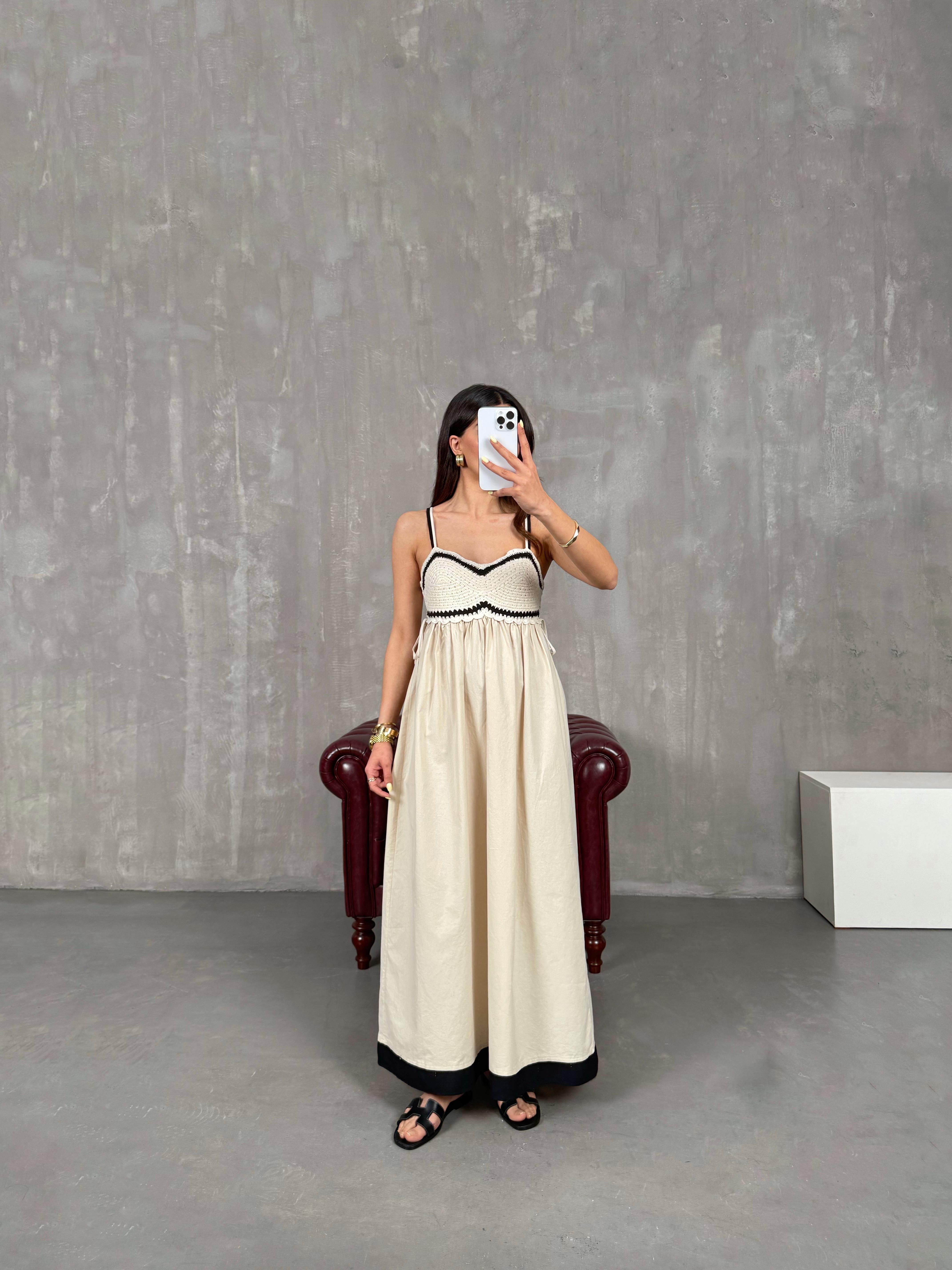 Krem Örgü Detaylı Askılı Elbise Gaus00136GausELBİSEGU1001311