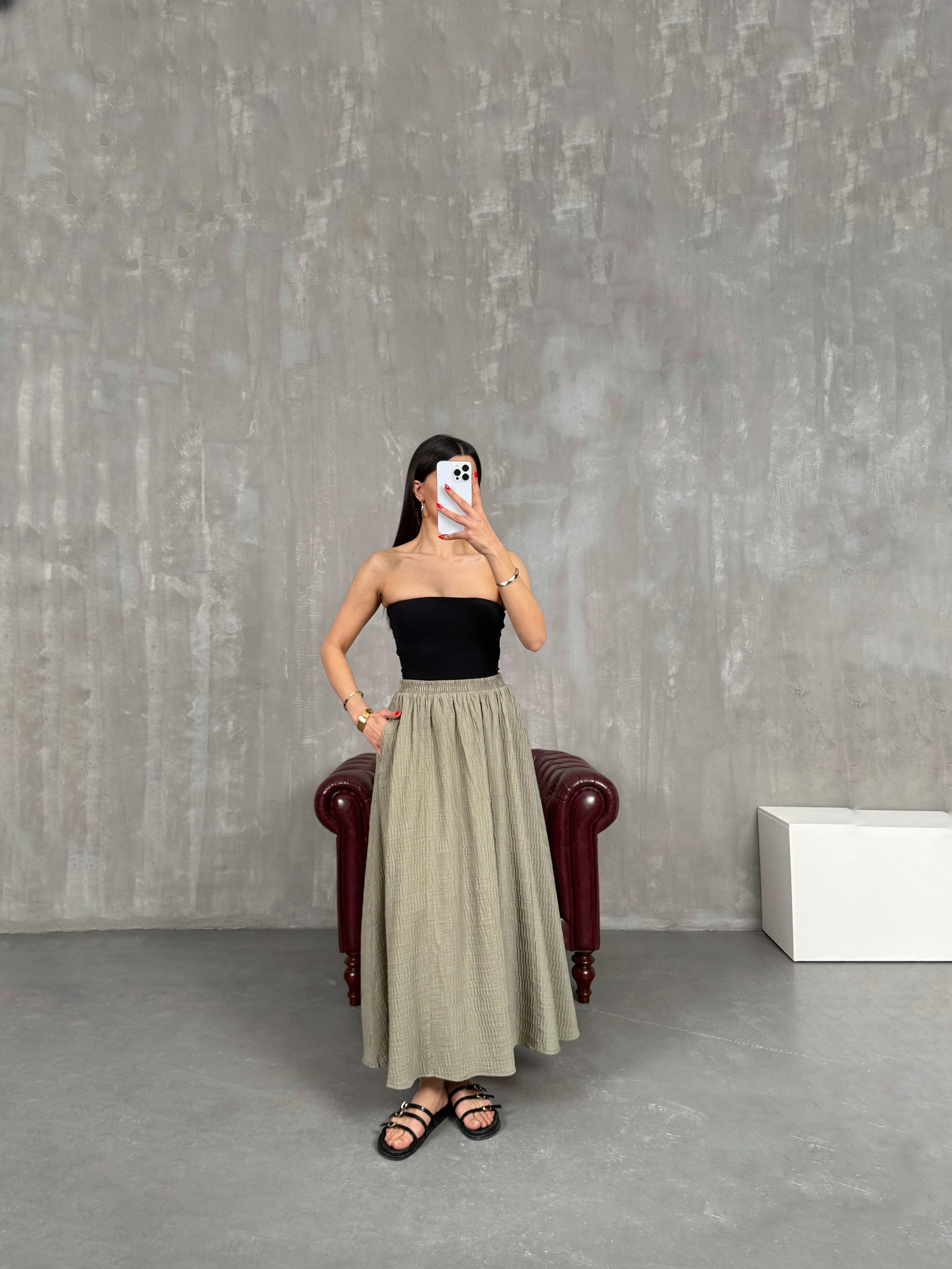 Haki Beli Lastikli Astarlı Büzgü Detaylı Etek Gaus00196GausETEKGU1001459