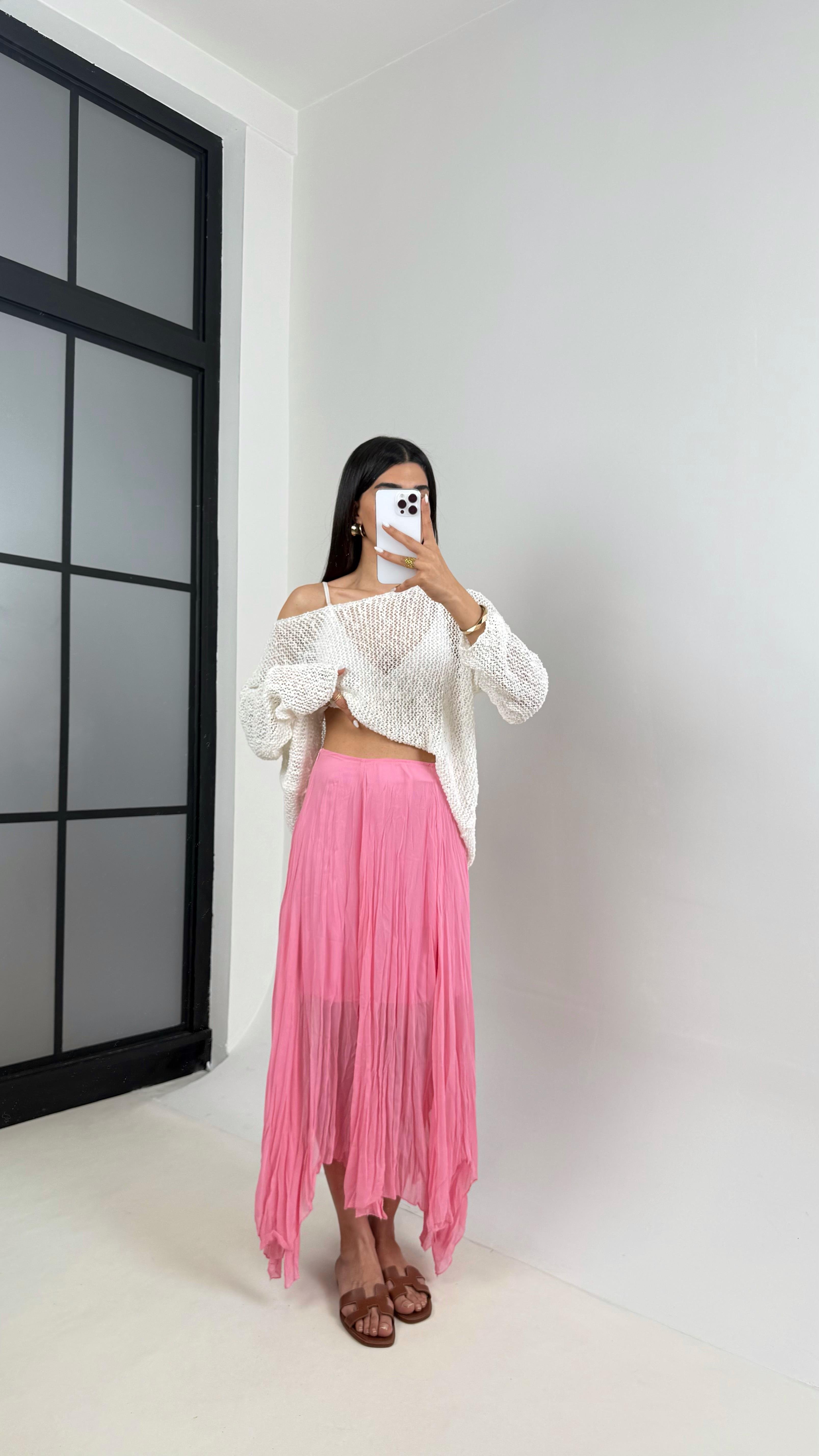 Pembe Astarlı Kırışık Şifon Muadil Etek Gaus00447GausETEKGU1002041