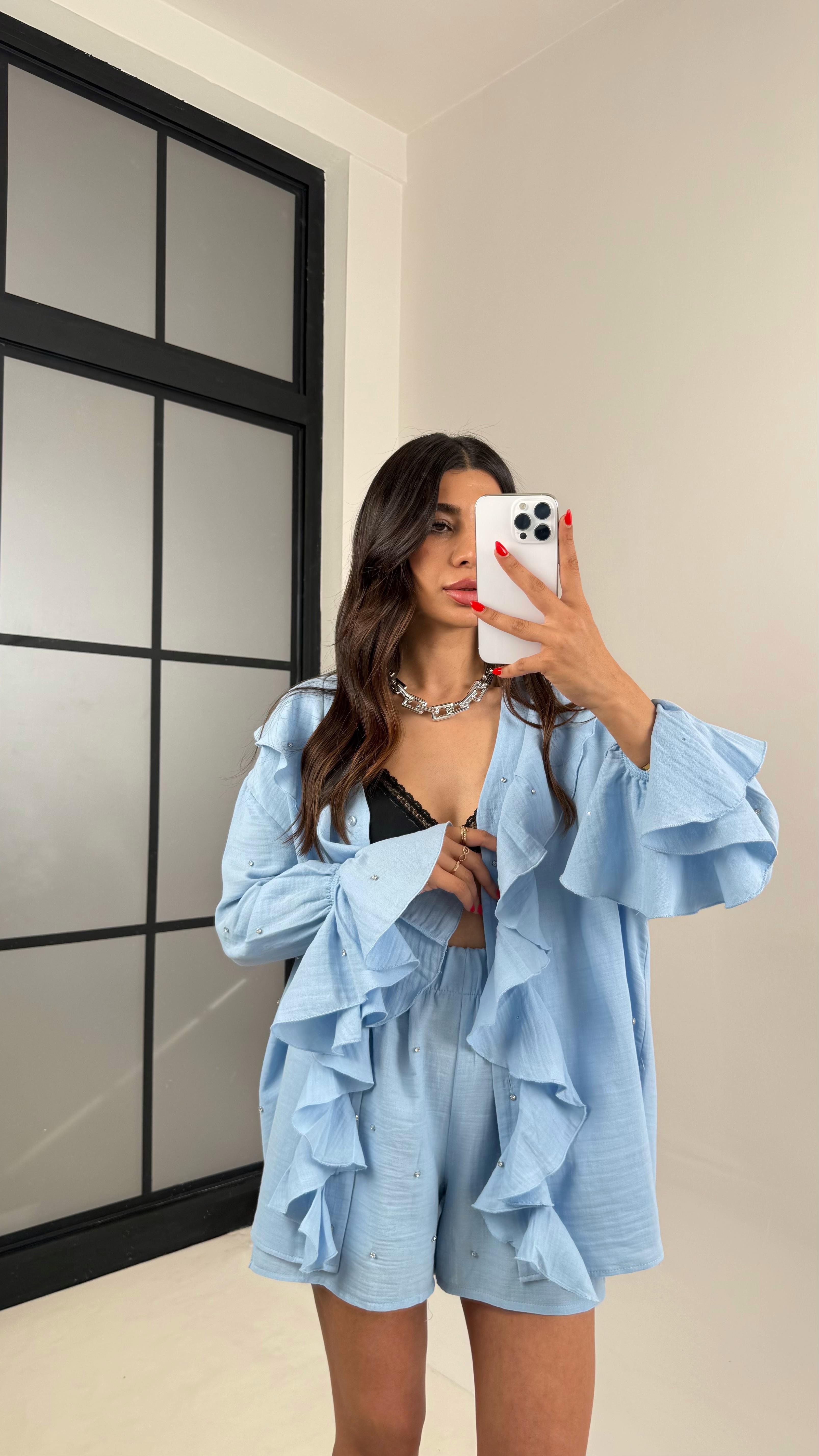 Mavi Yaka Fırfırlı Taş Detaylı Gömlek Şortlu Müslin Takım Gaus00511GausTAKIMGU1002201