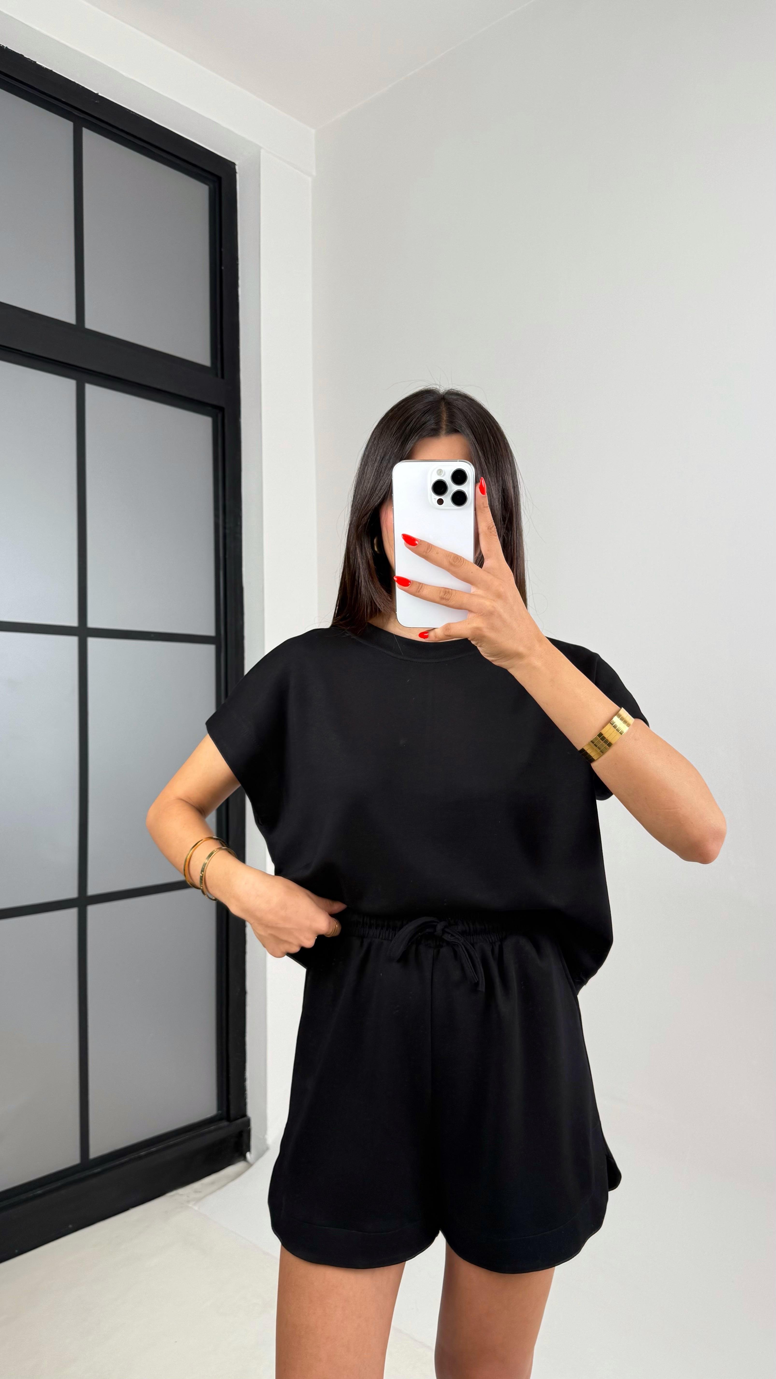 Siyah Tshirt Şort İkili Modal Kumaş Takım Gaus00691GausTAKIMGU1002600