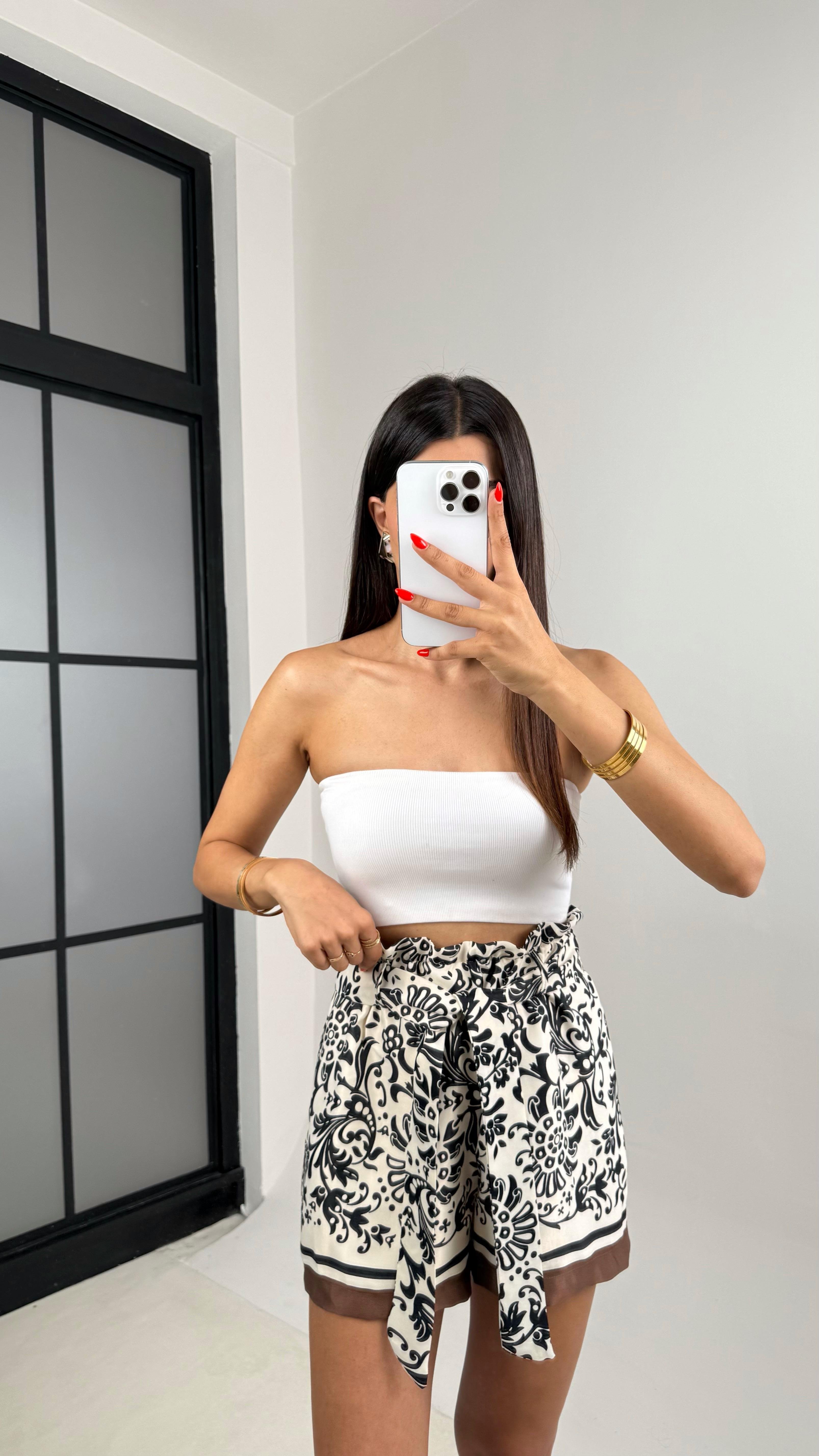 Kahve Etnik Desenli Kuşaklı Saten Şort GAUS-0021GAUSŞORTGAUS-0021