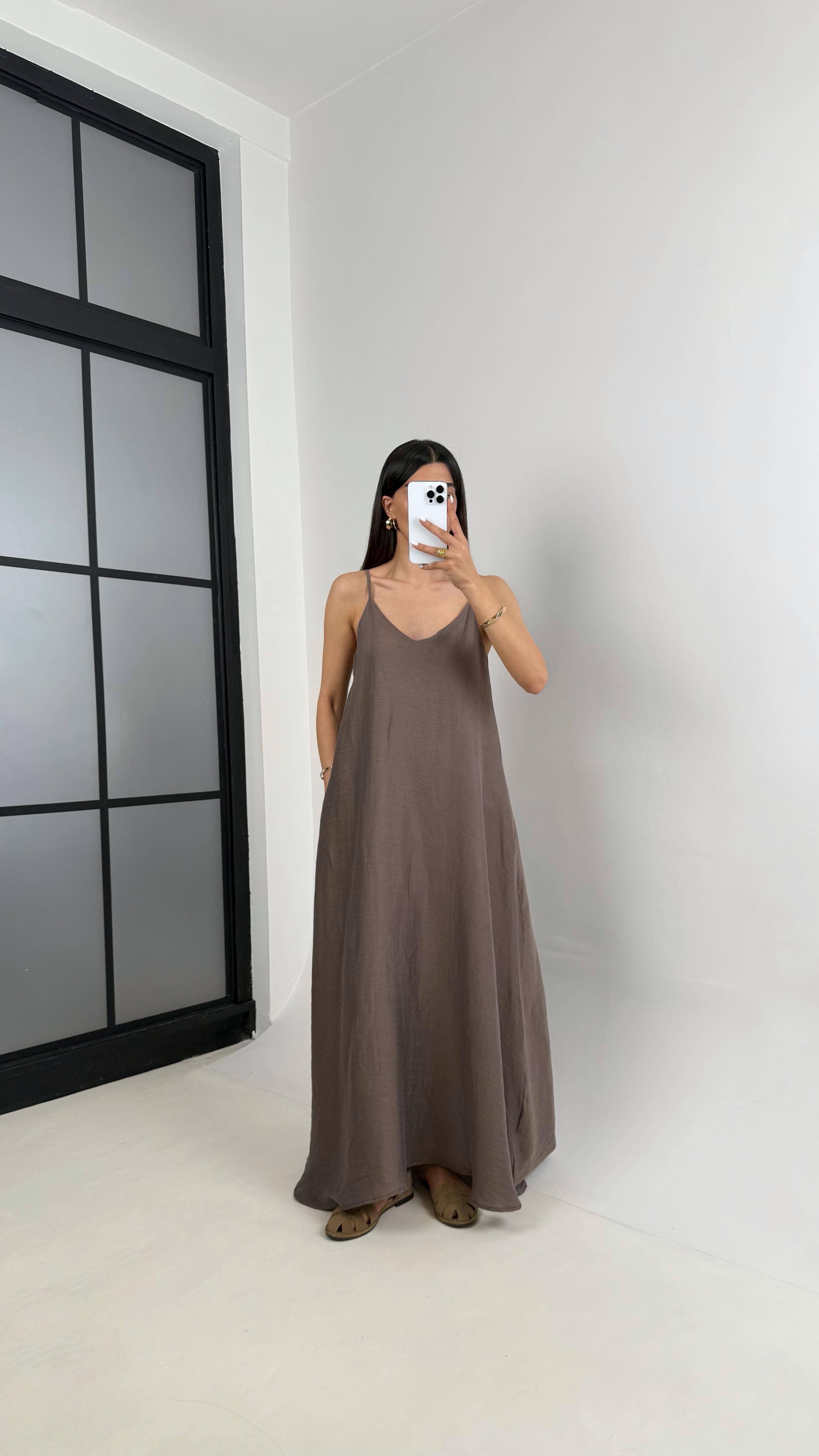 Kahve Askılı Astarlı Cepli Tencel Elbise Gaus00449GausELBİSEGU1002046