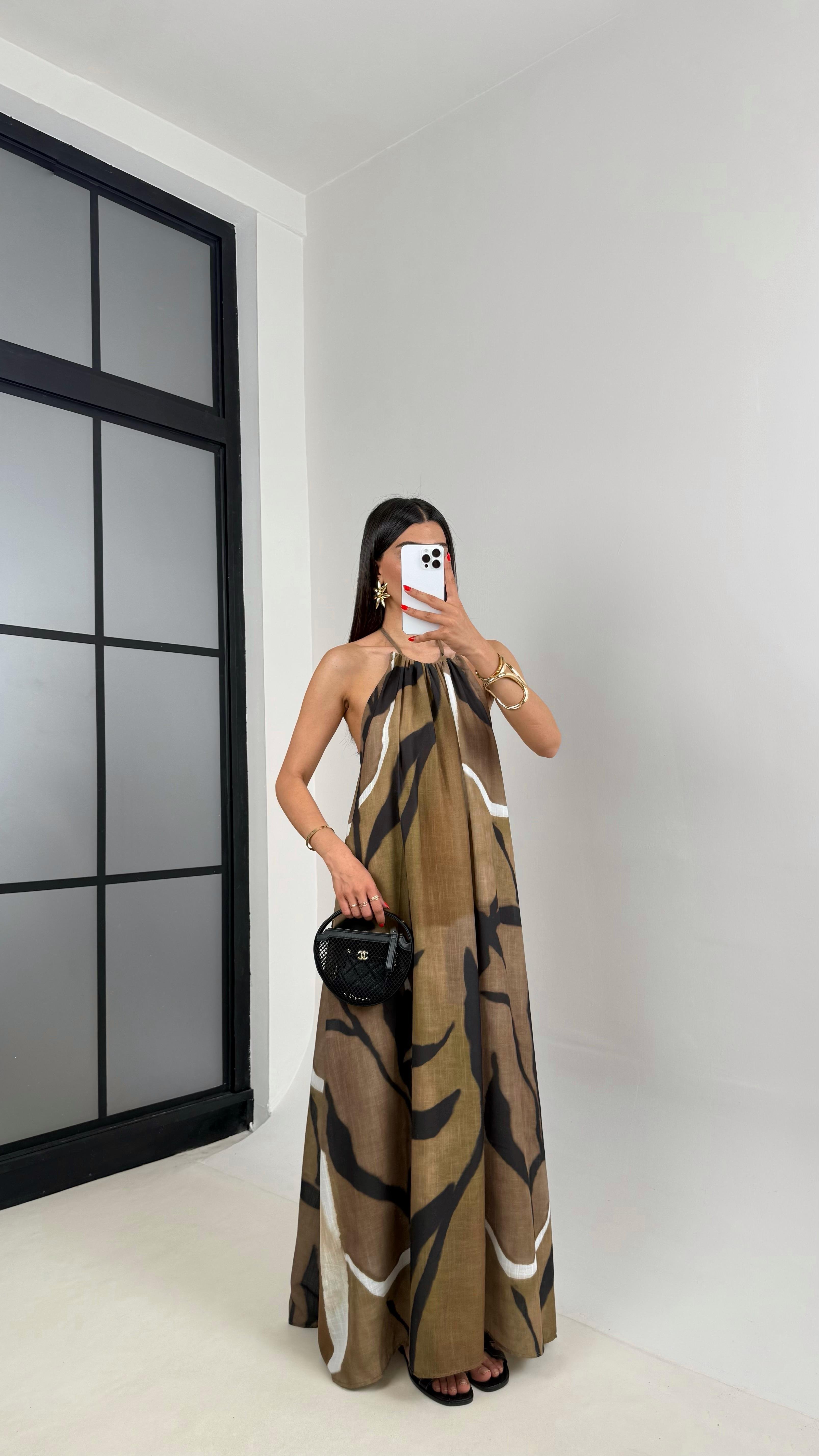 Haki Desenli Boyundan Bağlamalı Astarlı Keten Elbise Gaus00502GausELBİSEGU1002178