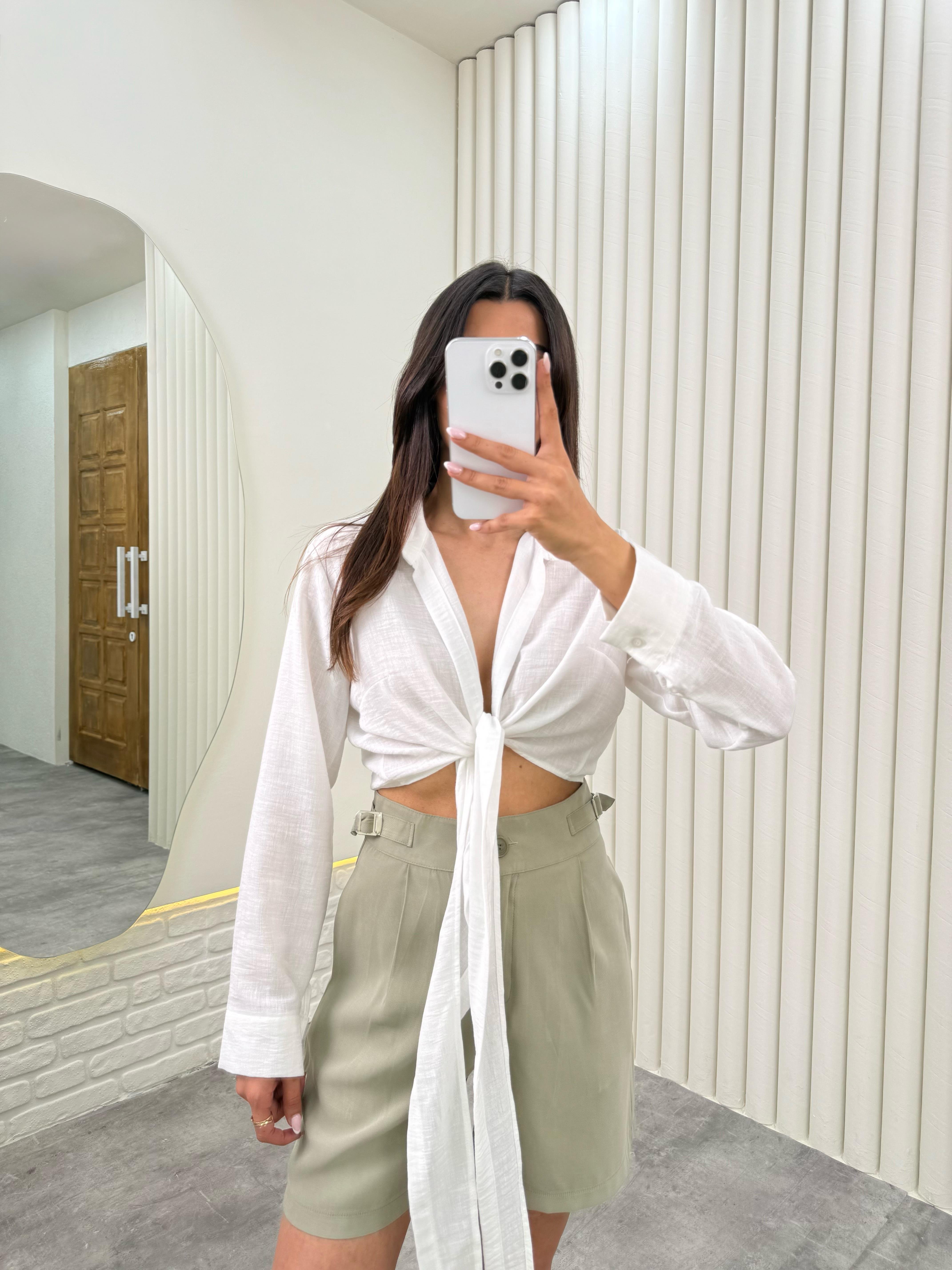 Beyaz  Önü Bağlamalı Premium Keten Gömlek Gaus00319GausGÖMLEKGU1001734