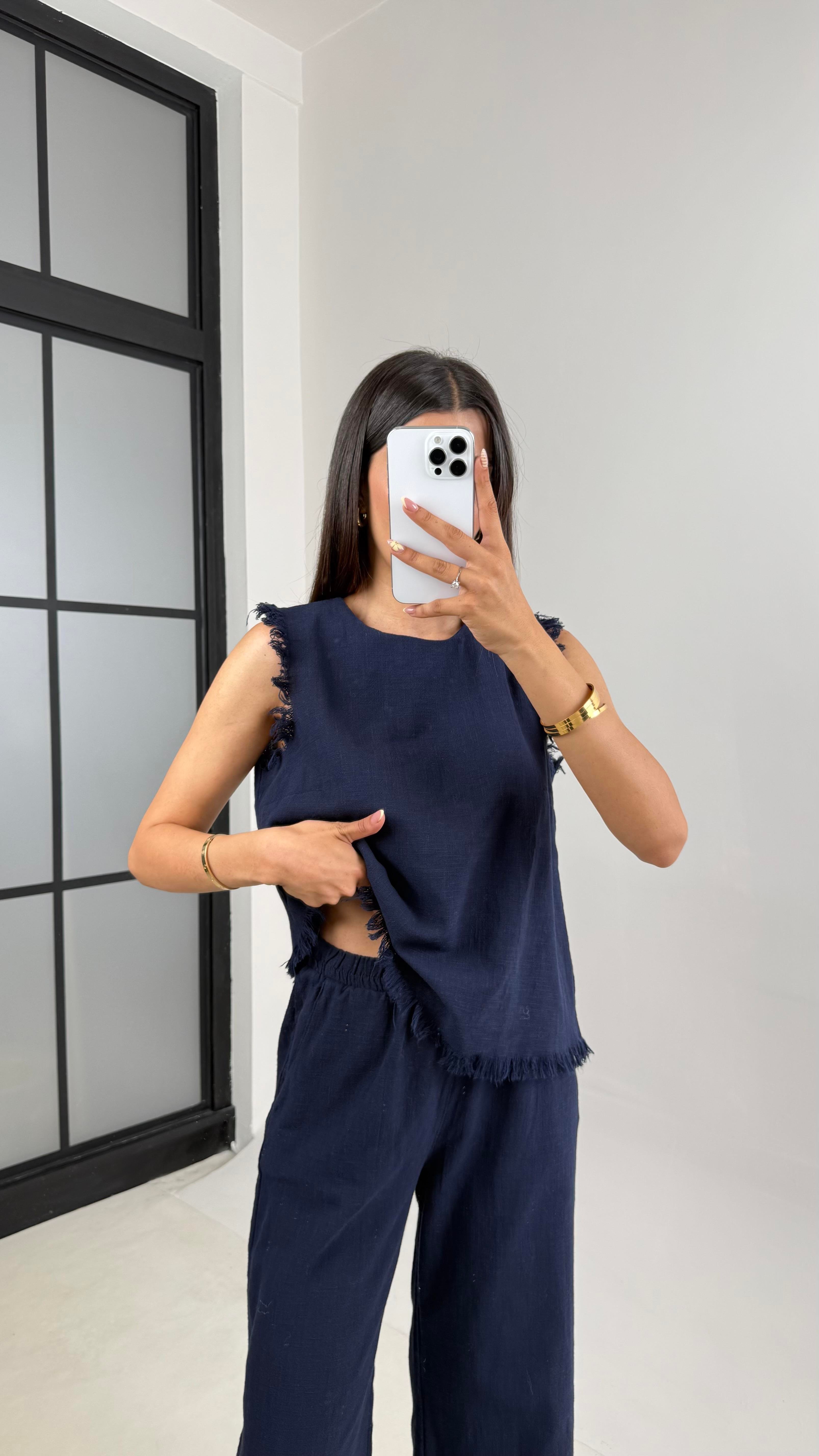 Lacivert Püskül Detaylı Bluz Beli Lastikli Cepli Pantolon Keten Takım Gaus00646 GausTAKIMGU1002503