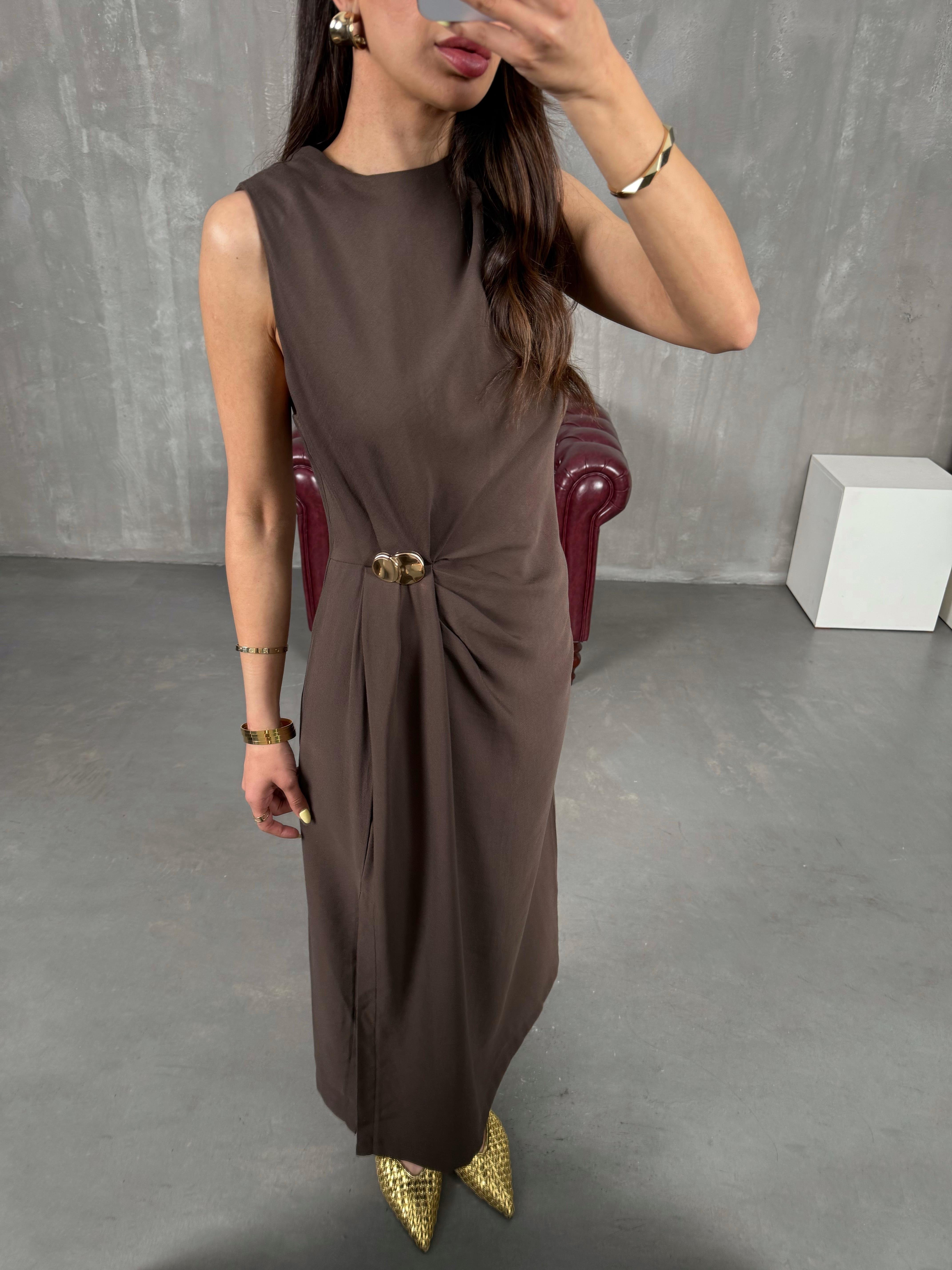 Kahve Sıfır Kol Gold Detaylı Yırtmaçlı Elbise Gaus00141GausELBİSEGU1001324