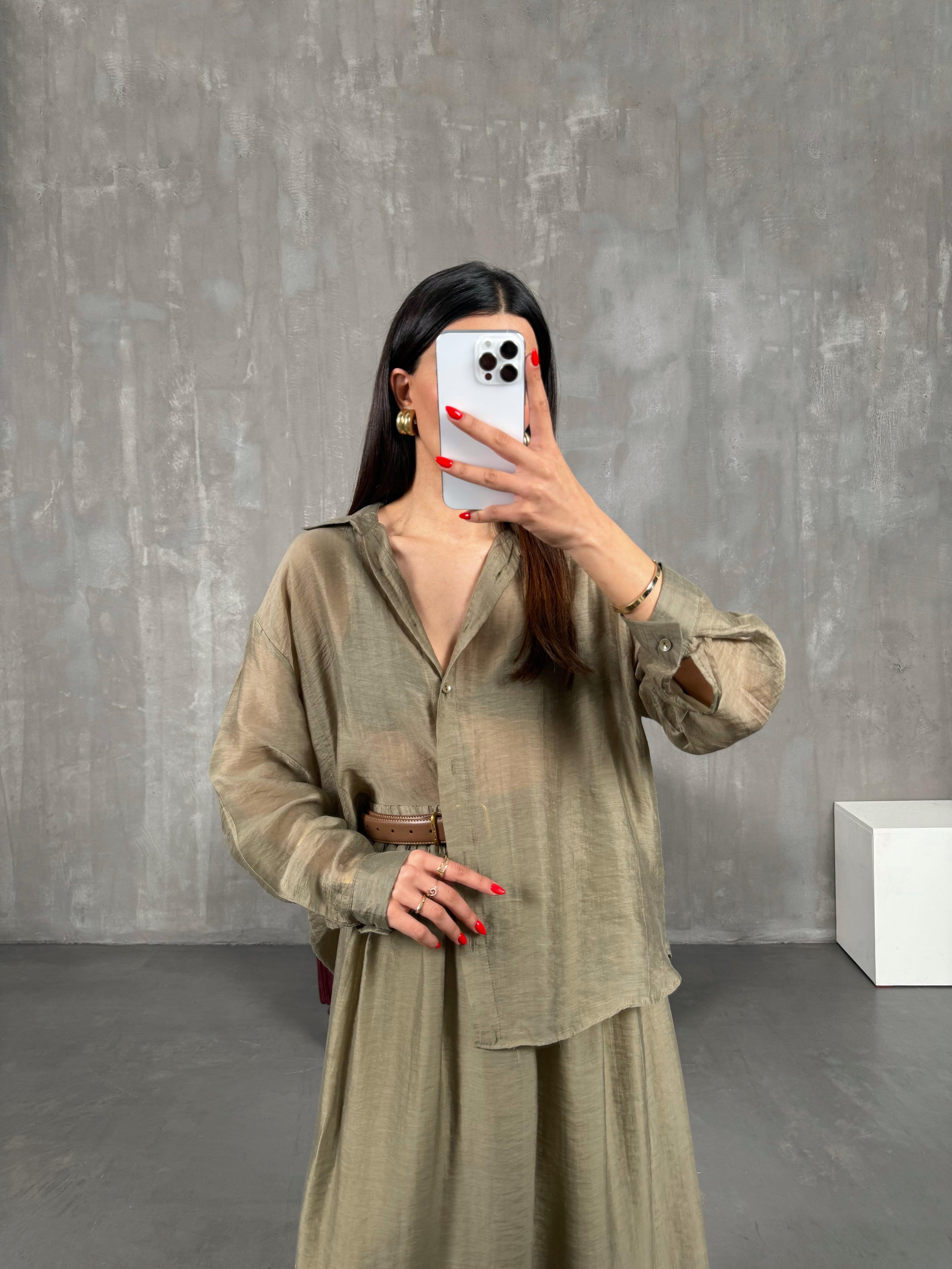 Haki Gömlek Astarlı Beli Lastikli Etek Kırışık Tensel Takım Gaus00158GausTAKIMGU1001366