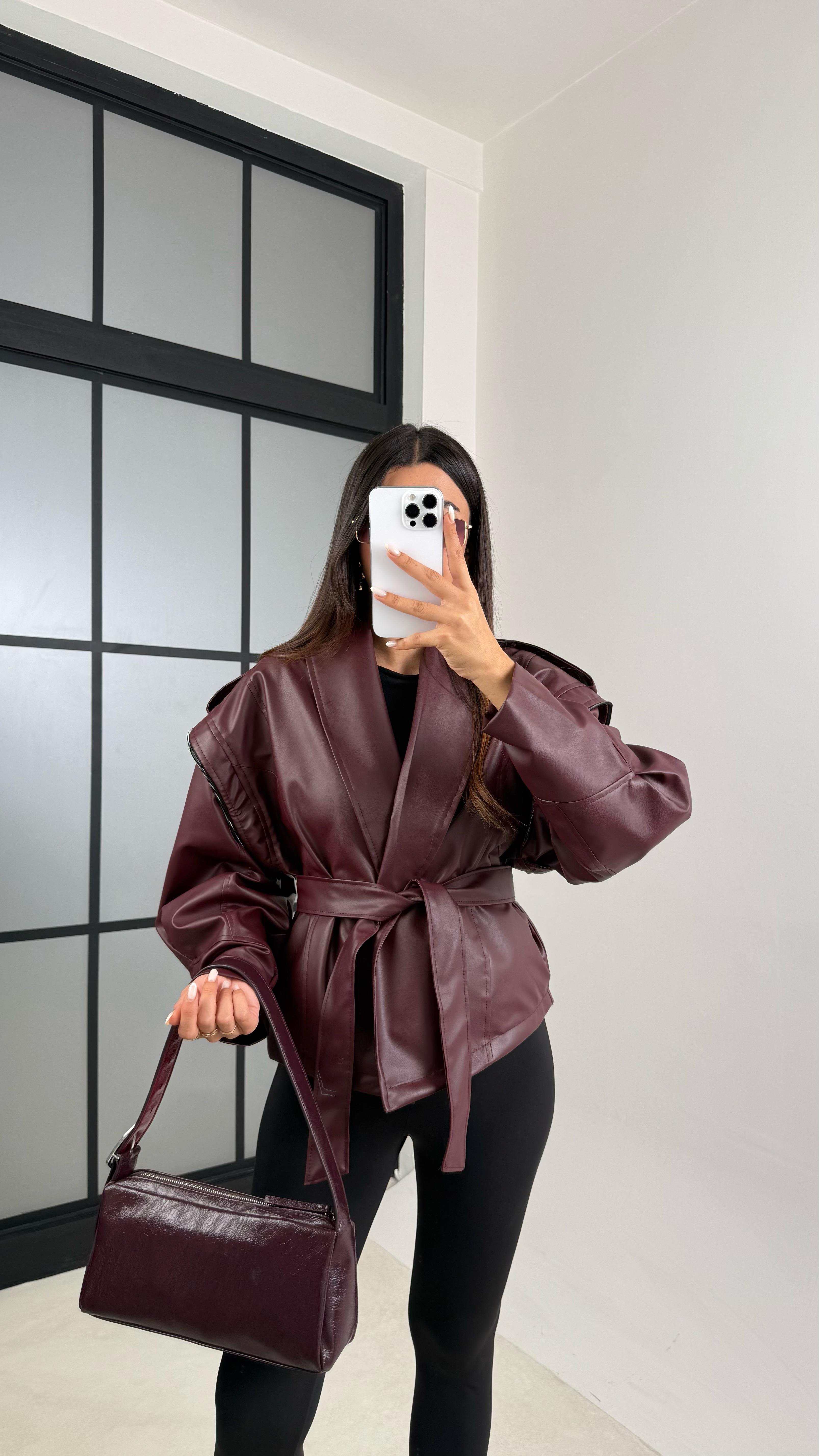 Bordo Fermuar Detaylı Astarlı Kuşaklı Tasarım Deri Ceket GAUS-00599GAUS السترات  GAUS-00599