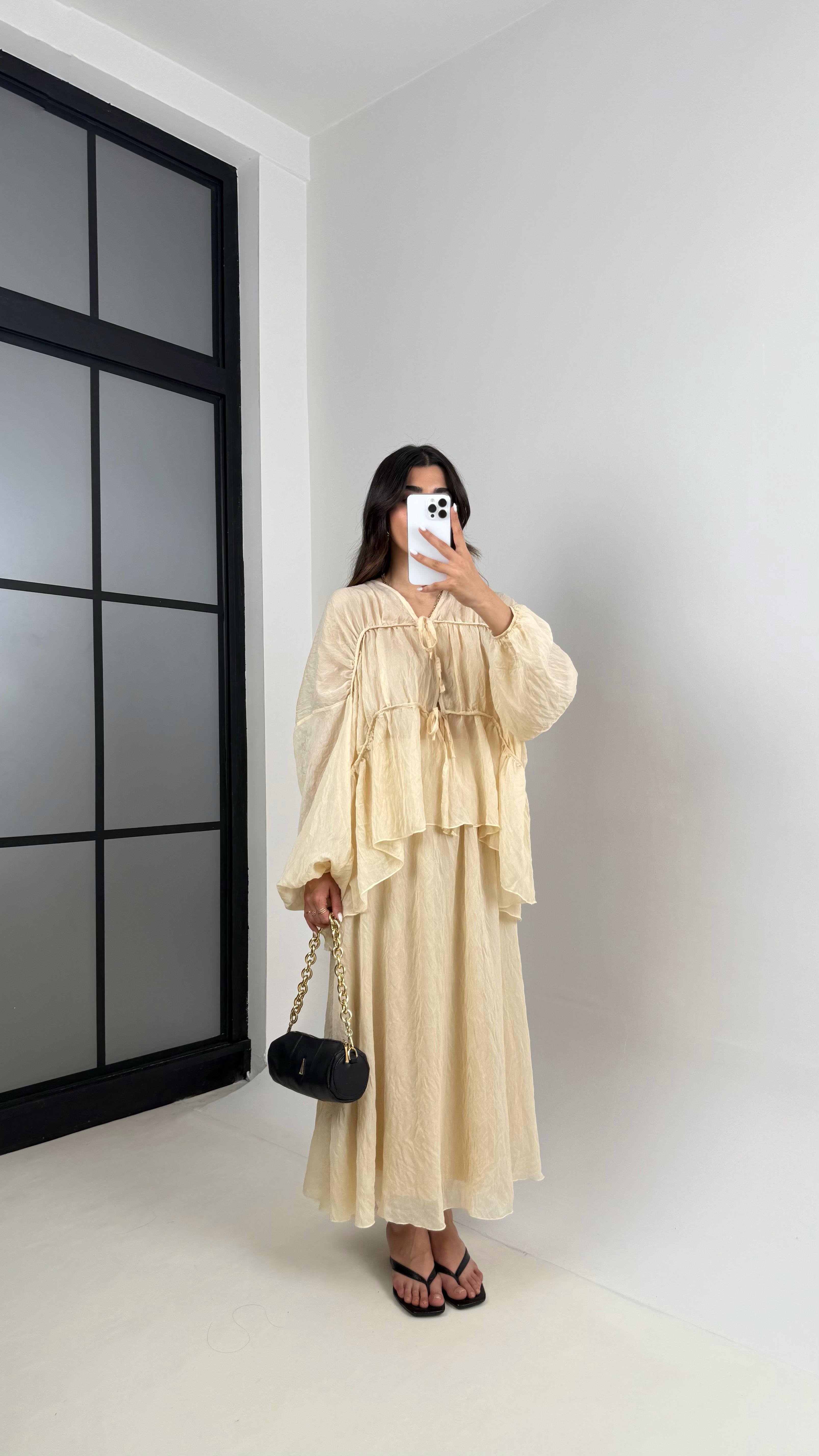 Taş Gipeli Önden Bağlamalı Üst Astarlı Etek İkili Kırışık Kumaş Takım Gaus00426GausTAKIMGU1001995