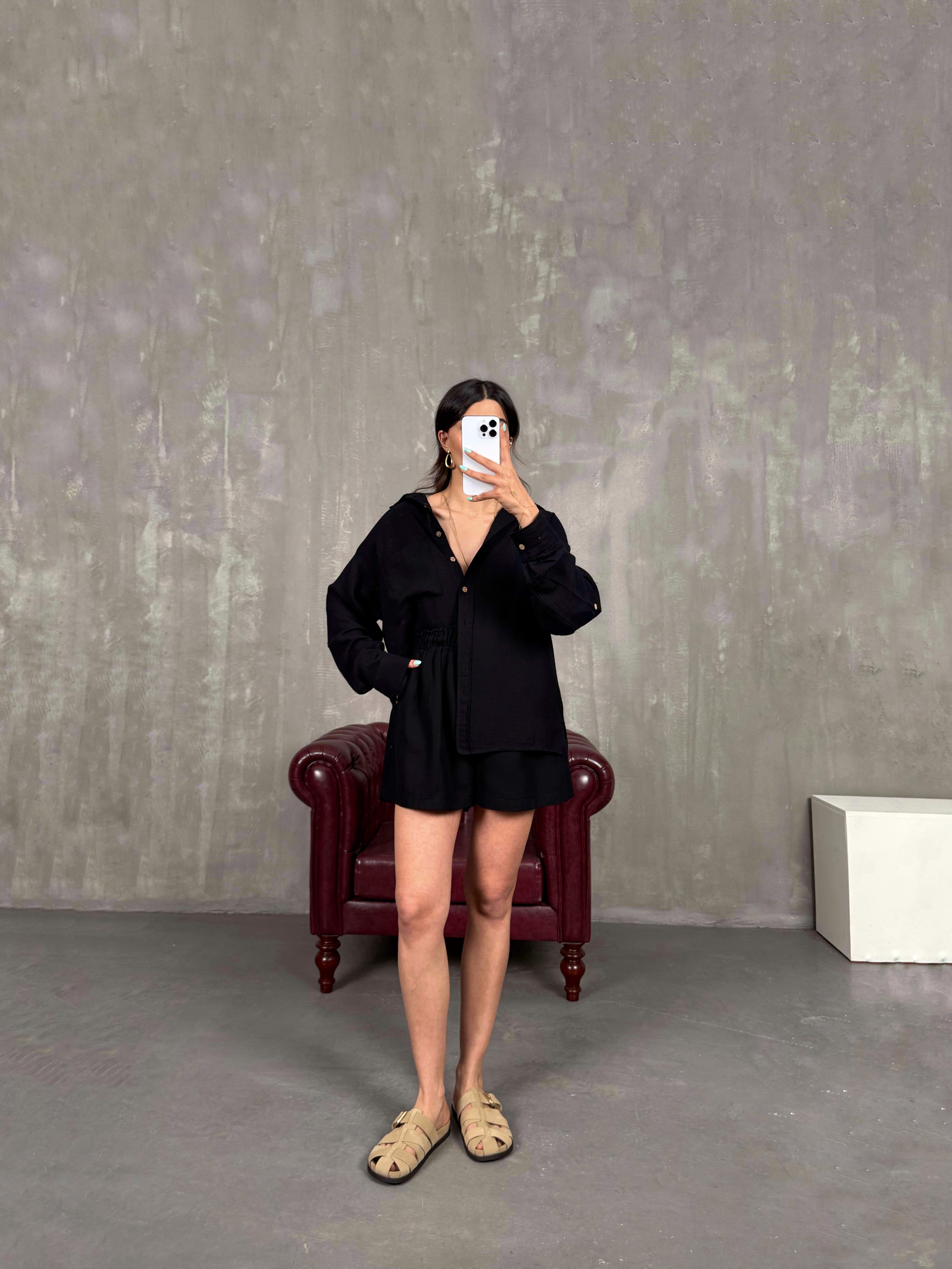 Siyah Cepli Gömlek Beli Lastikli Şort Takım Gaus00226GausTAKIMGU1001524