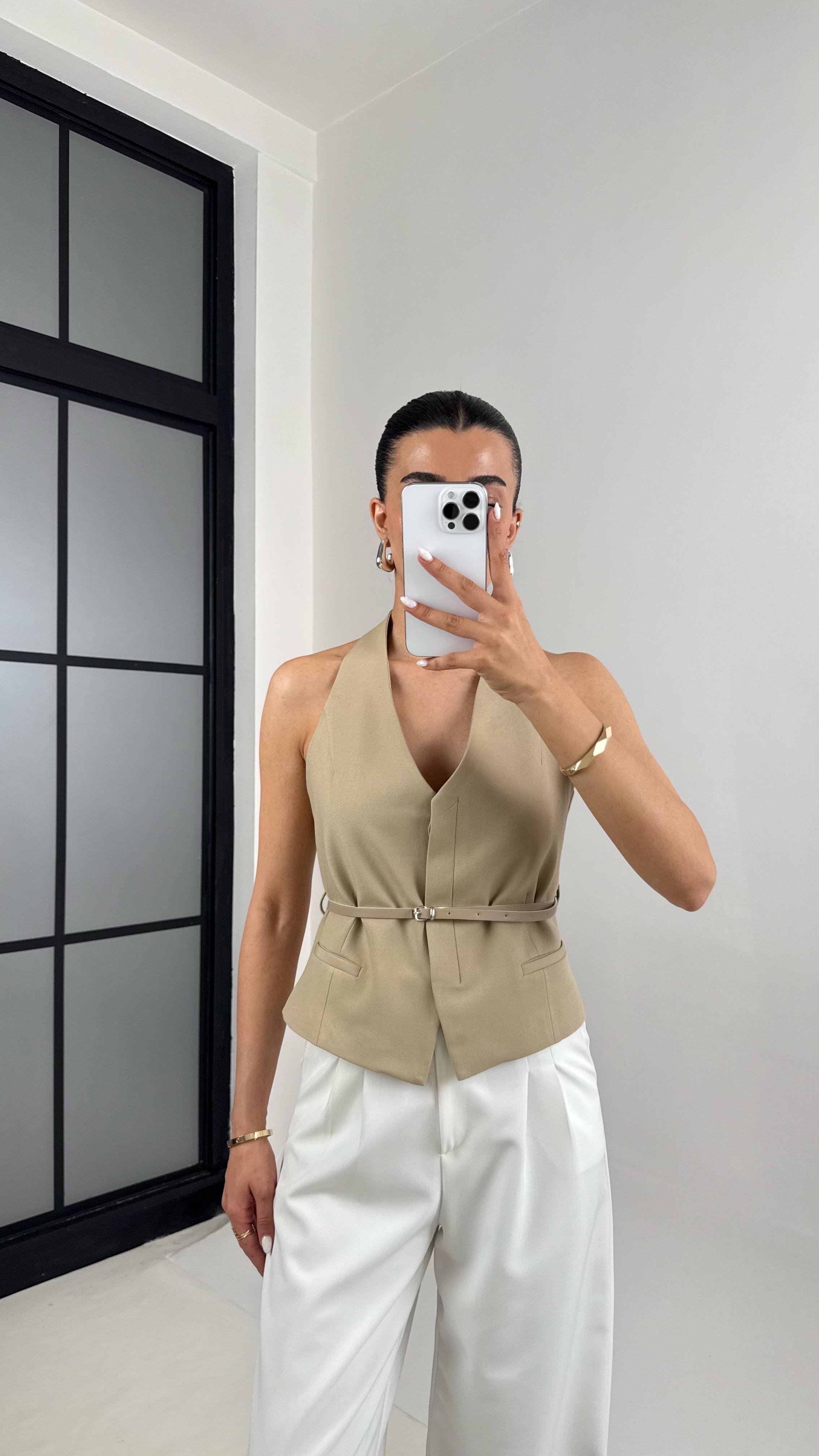 Haki Önü Düğmeli Kemerli Tasarım Yelek Gaus00420GausYELEKGU1001982