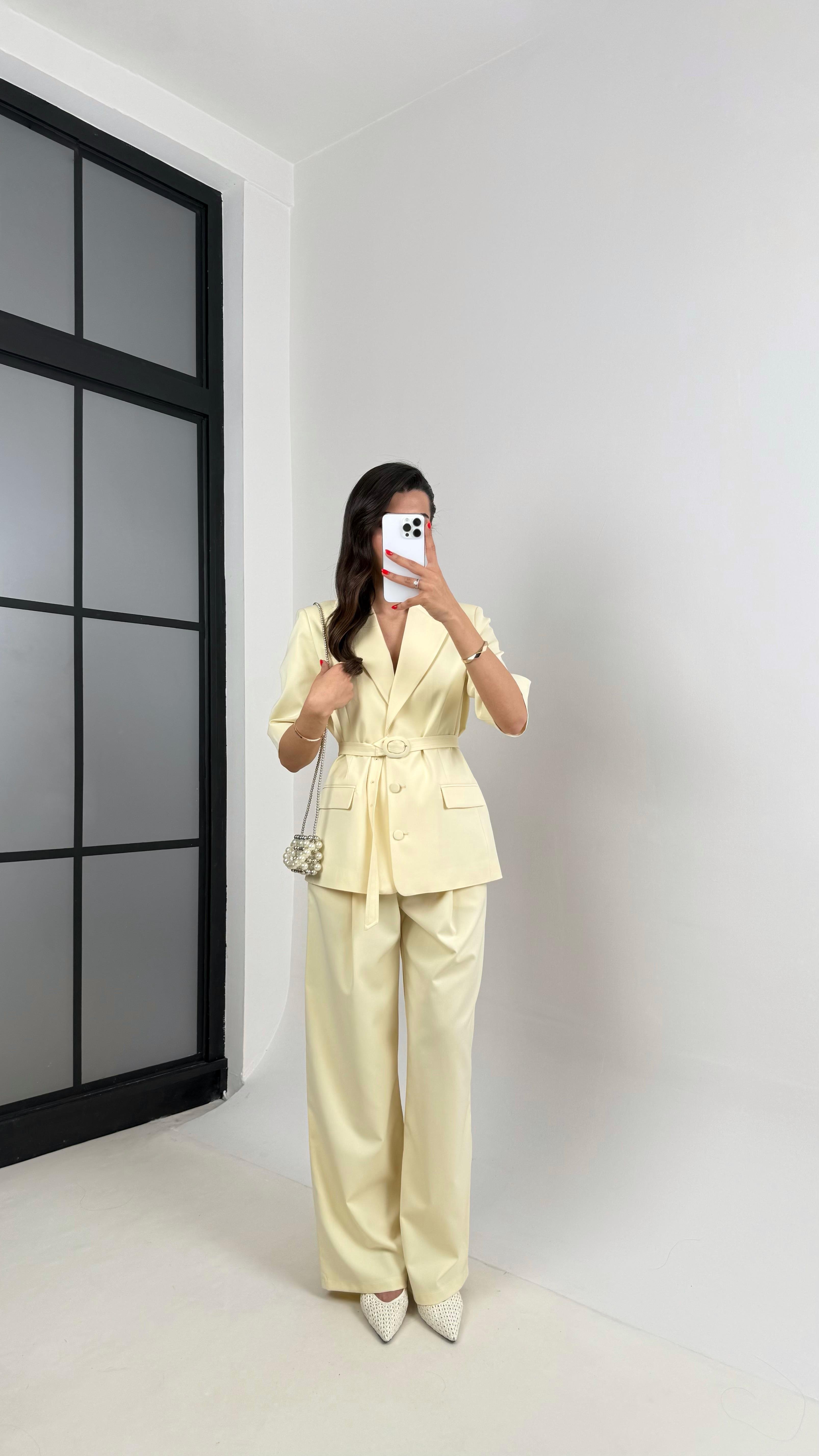 Sarı Yarım Kol Astarlı Vatkalı Kemerli Ceket Pantolon İkili Premium Takım Gaus00453GausTAKIMGU1002057