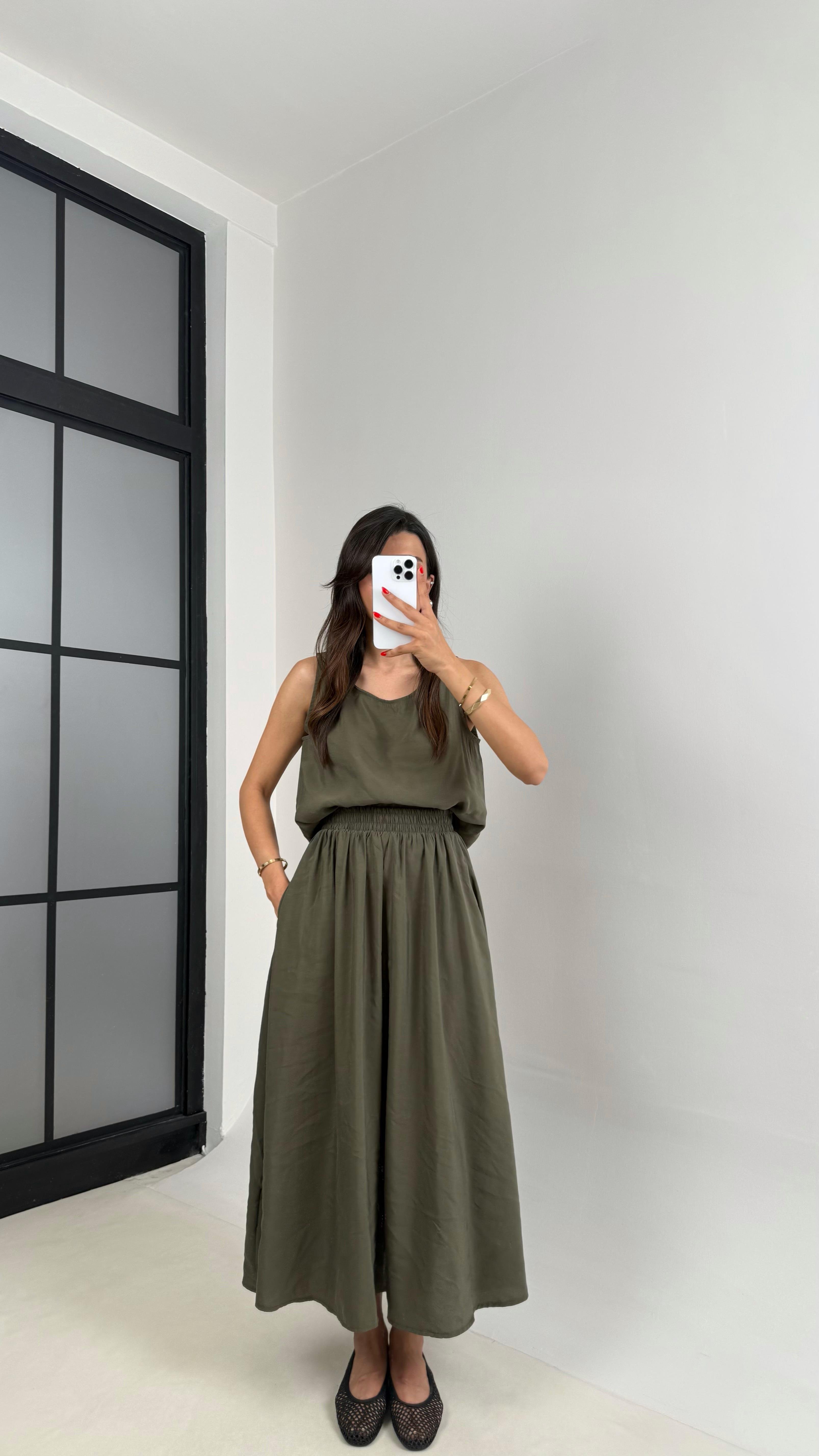 Haki Bluz Beli Lastikli Etek İkili Kırışık Tencel Takım Gaus00522GausTAKIMGU1002223