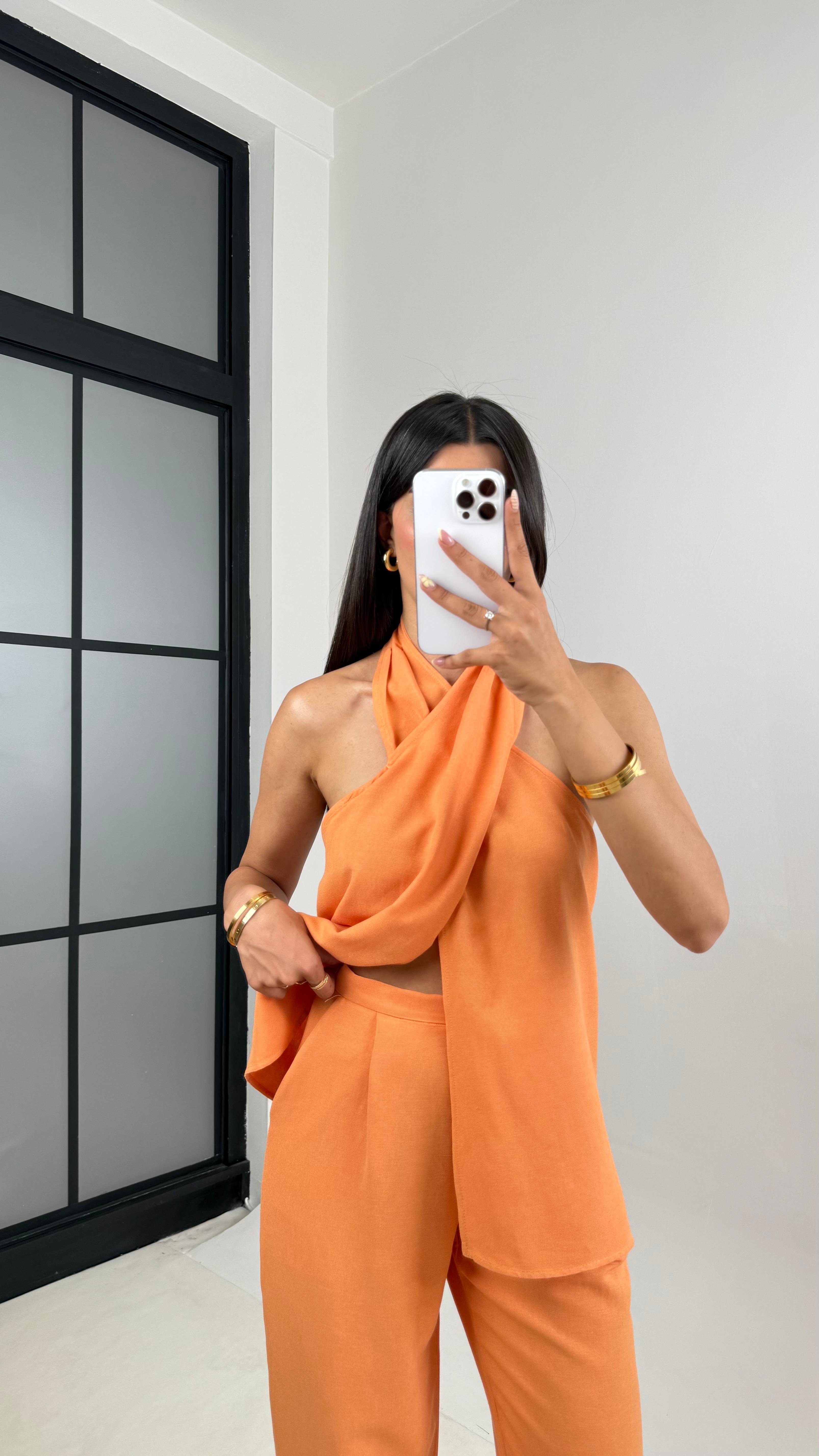 Somon Boyundan Bağlamalı Bluz Cepli Pantolon Tasarım Keten Takım Gaus00667GausTAKIMGU1002539