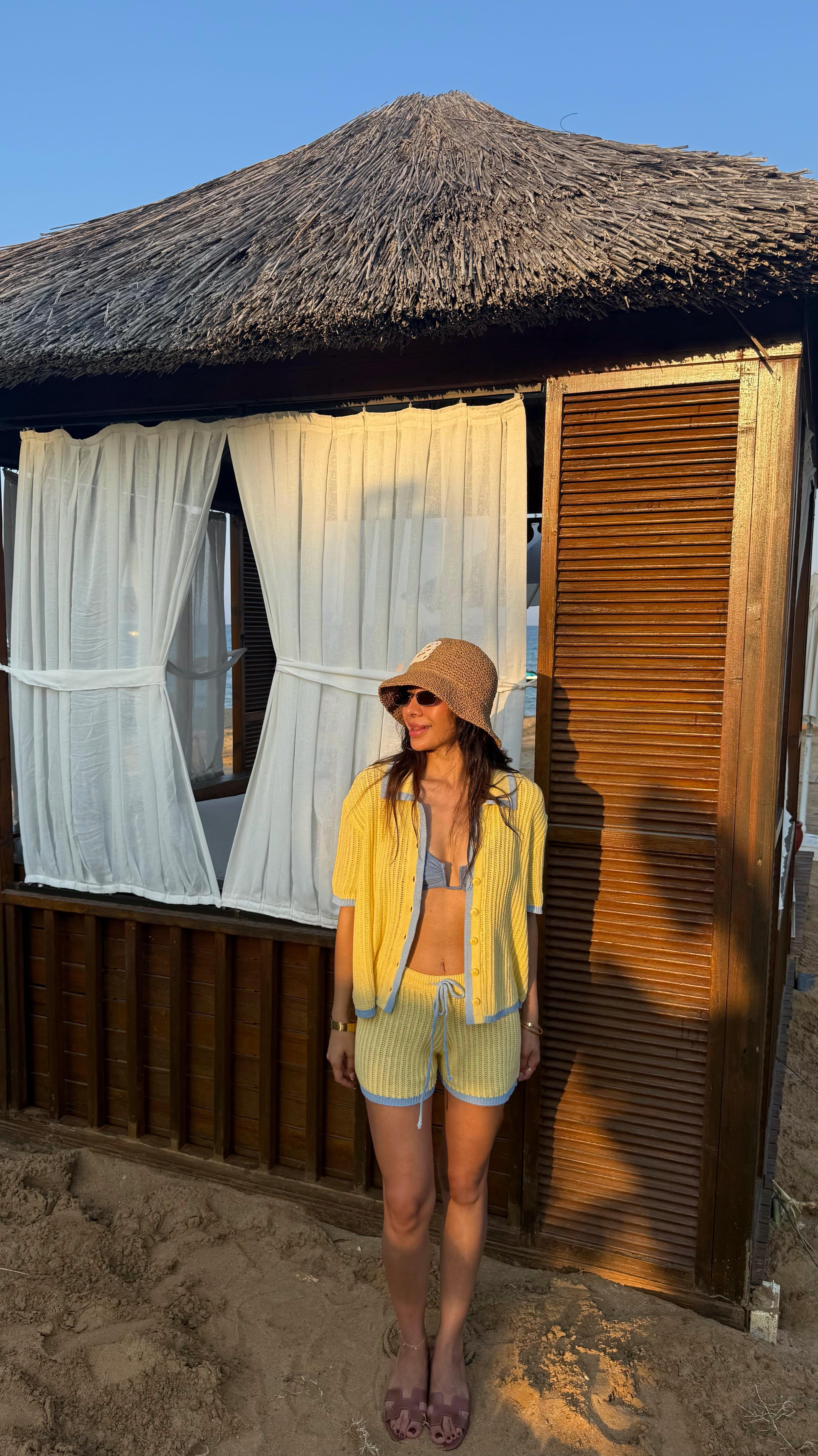 Beyaz Önden Bağlamlı Beli Lastikli Bluz Etek İkili Kırışık Tencel Takım Gaus00655GausTAKIMGU1002519