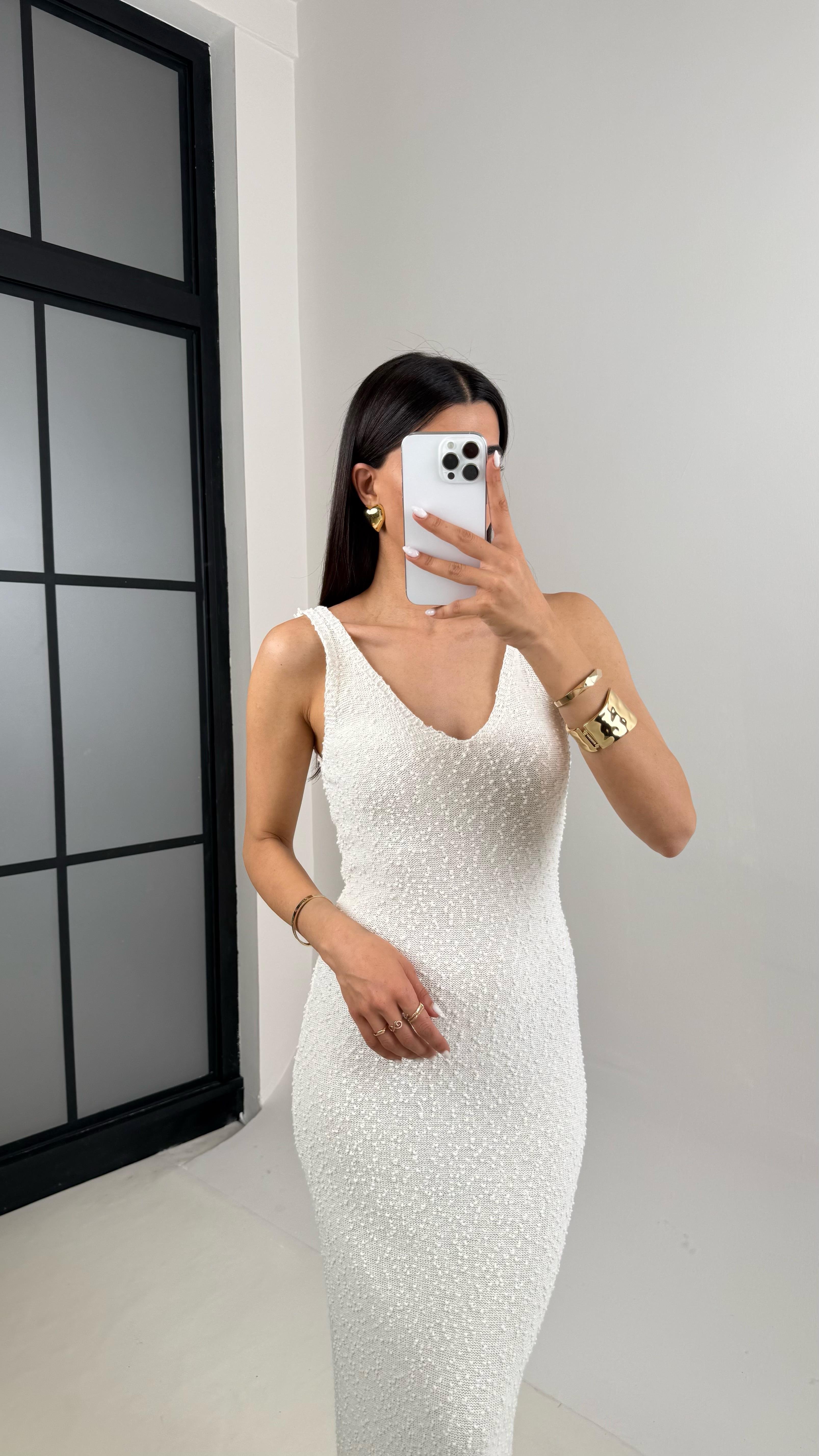 Beyaz V Yaka Askılı Triko Elbise Gaus00412GausELBİSEGU1001962