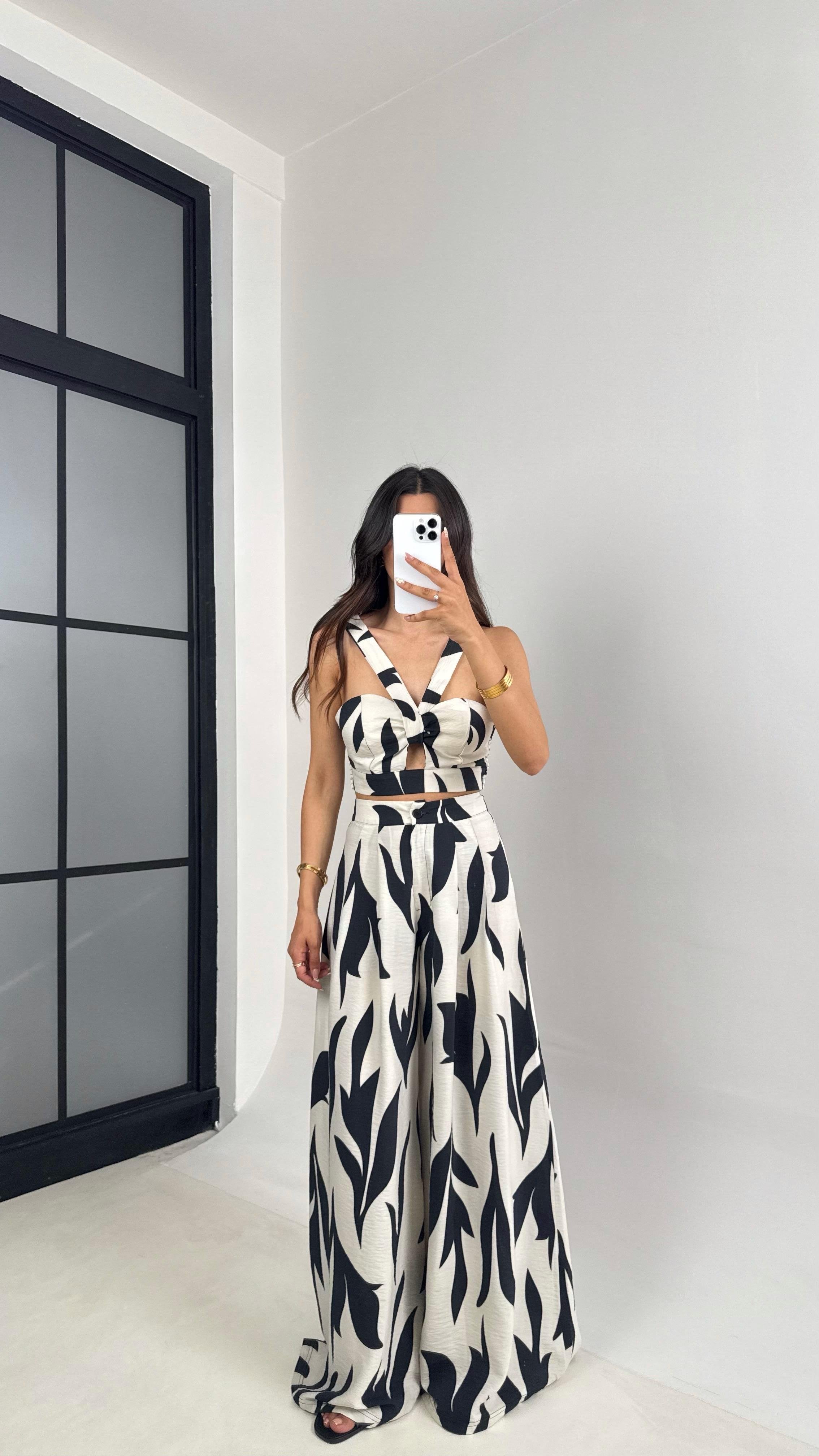 Ekru Desenli Beli Lastikli Crop Cepli Pantolon İkili Premium Takım Gaus00676GausTAKIMGU1002557