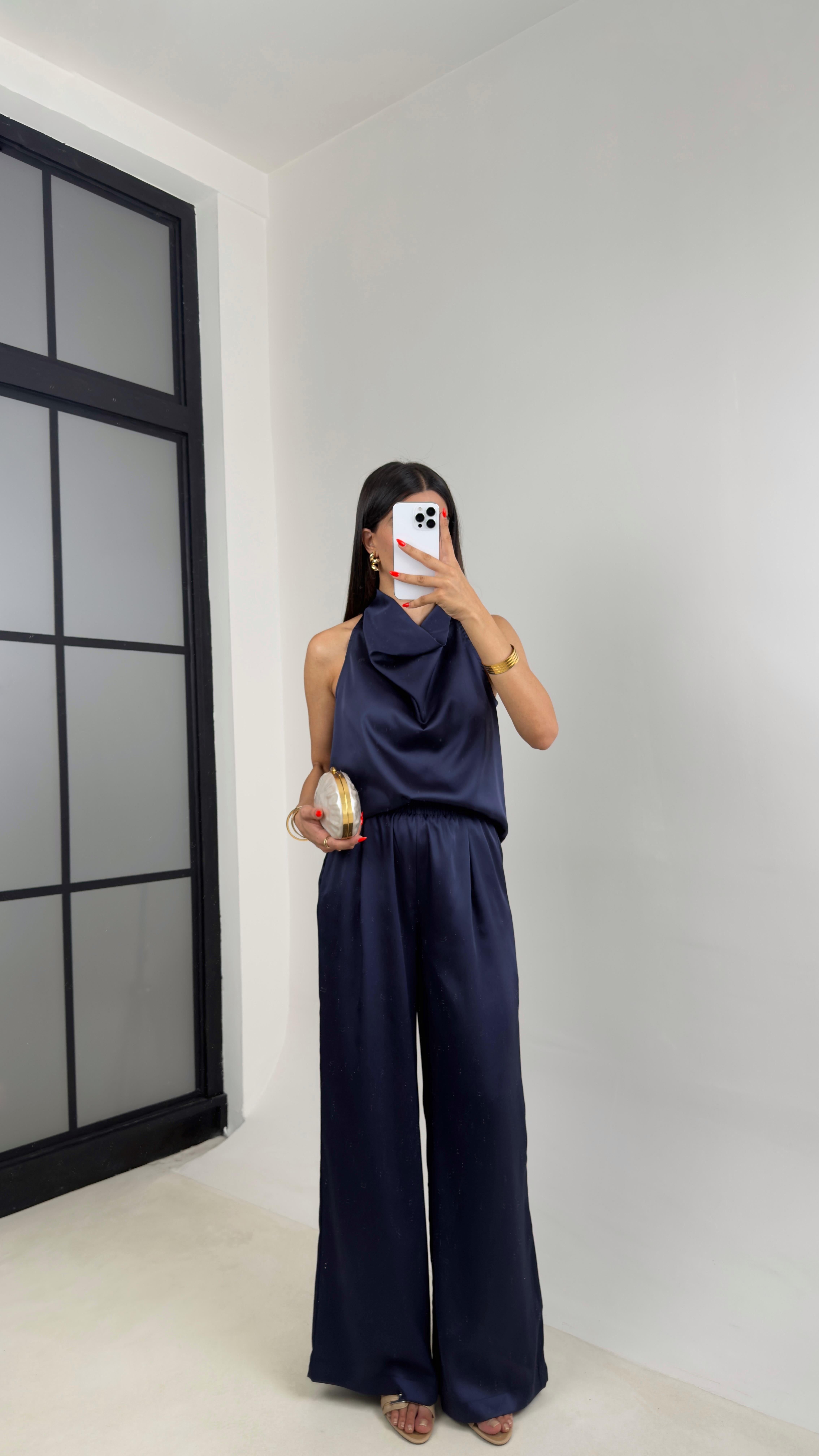 Lacivert Degaje Yaka Bluz Beli Lastikli Pantolon Saten Takım GAUS-0056GAUSTAKIMGAUS-0056