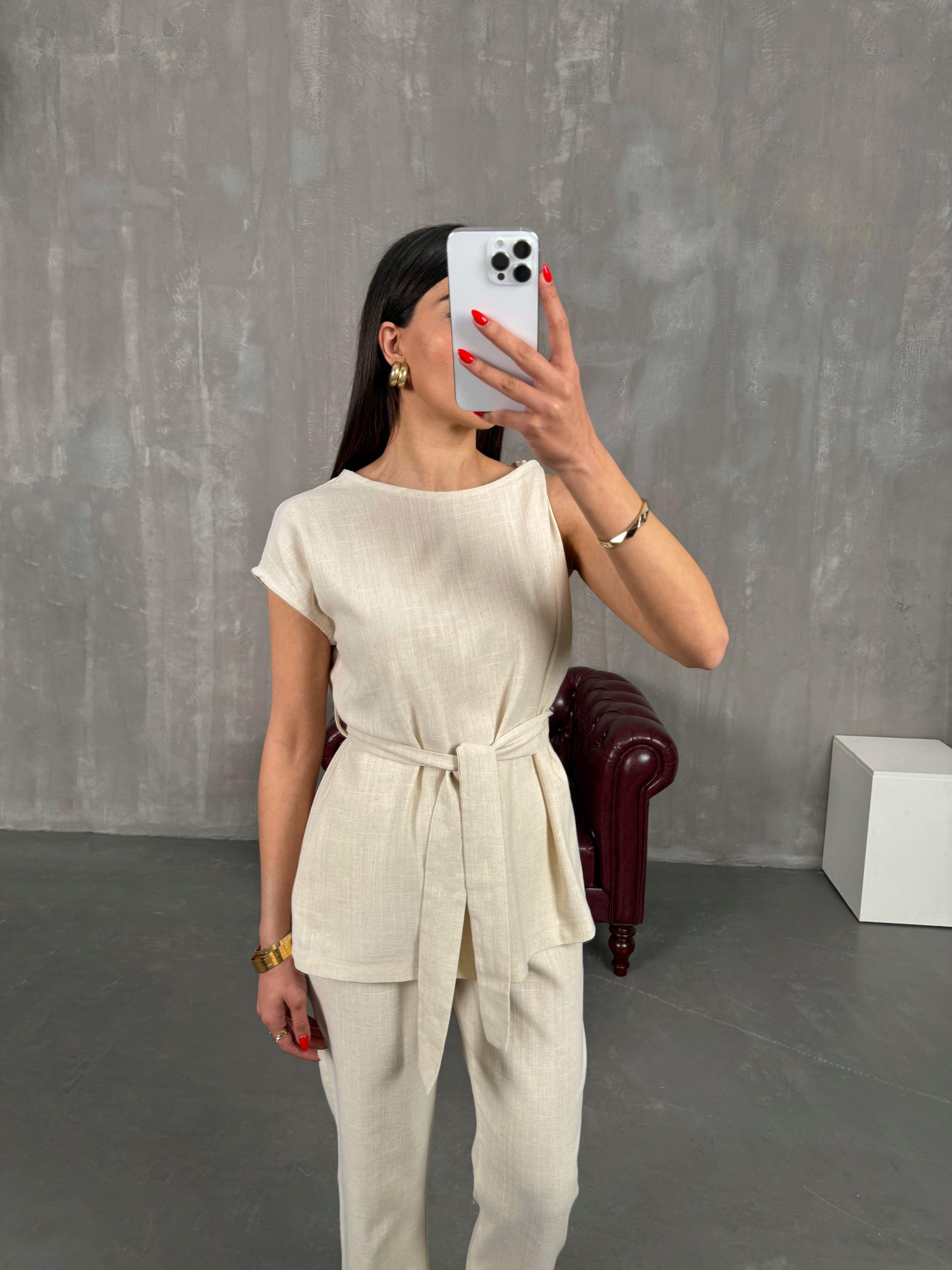 Taş Omuz Detaylı Kuşaklı Keten Takım Gaus00188GausTAKIMGU1001436