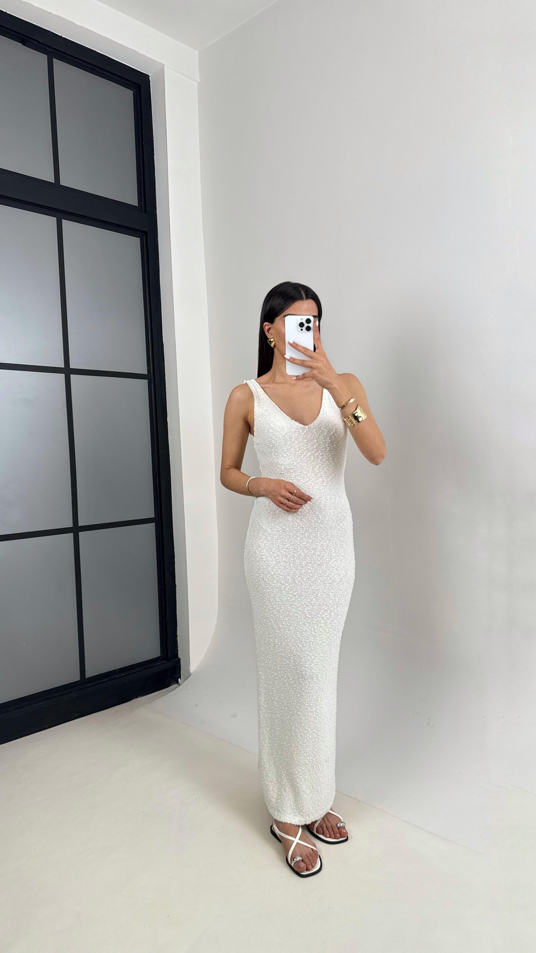 Beyaz V Yaka Askılı Triko Elbise Gaus00412GausELBİSEGU1001962