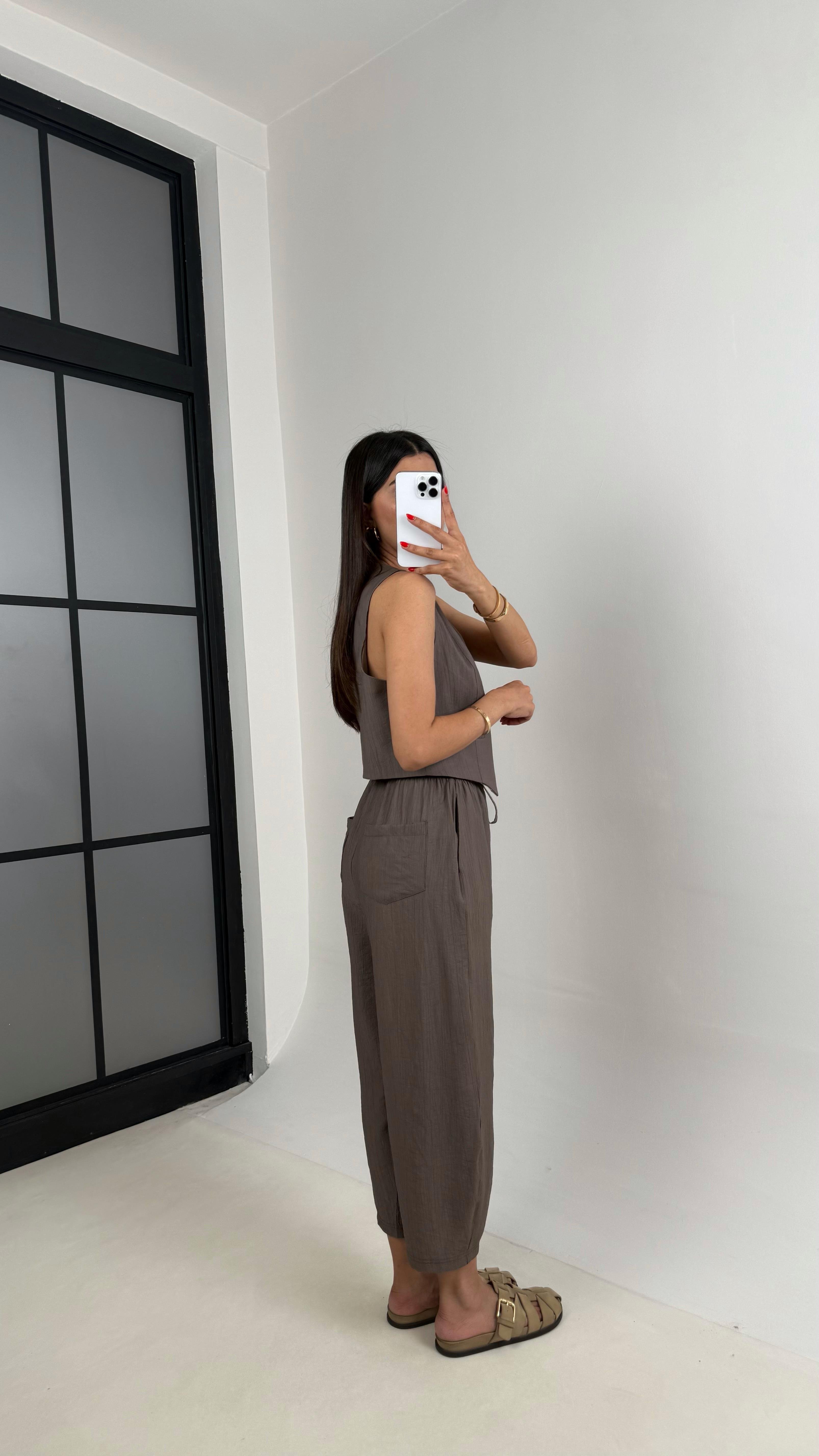 Kahve Astarlı Yelek Balon Pantolon Çilek Kumaş Takım Gaus00501GausTAKIMGU1002174