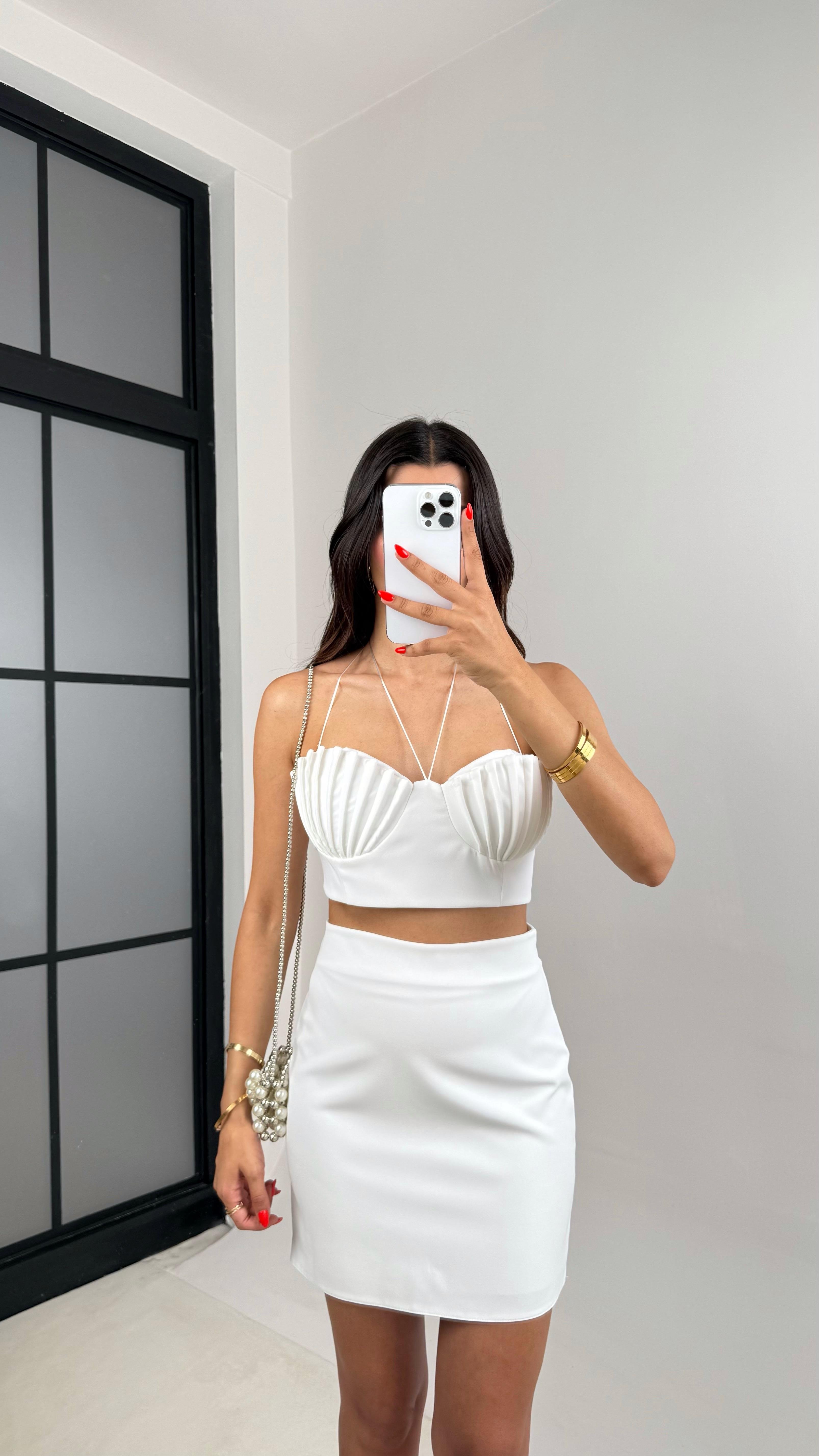 Beyaz Boyundan Bağlamalı Crop Etek İkili Premium Tasarım Takım GAUS-0012GAUSTAKIMGAUS-0012