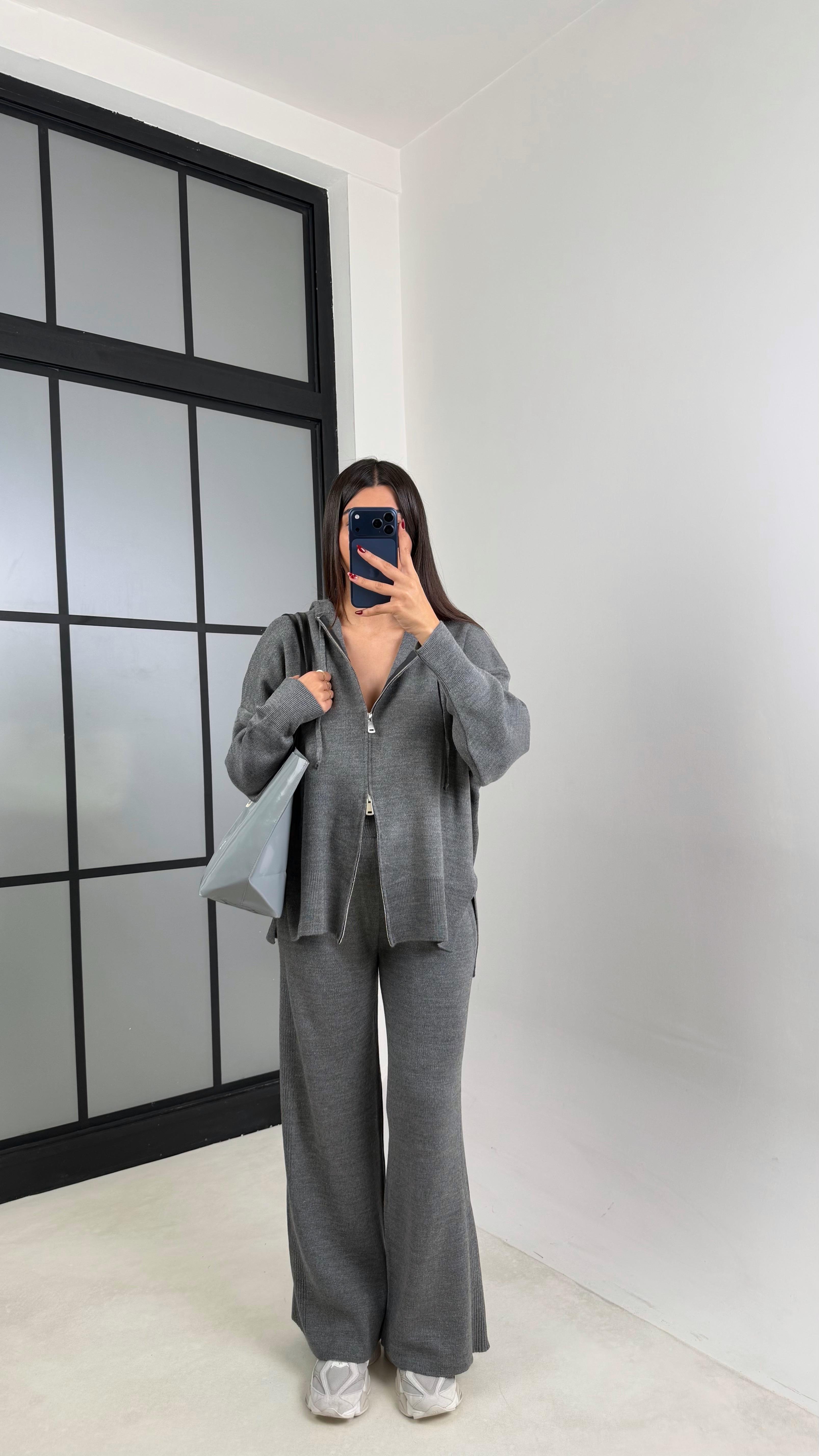 Antrasit Çift Fermuarlı Kapüşonlu Hırka Beli Lastikli Pantolon İkili Triko Takım GAUS-00676GAUSTAKIMGAUS-00676