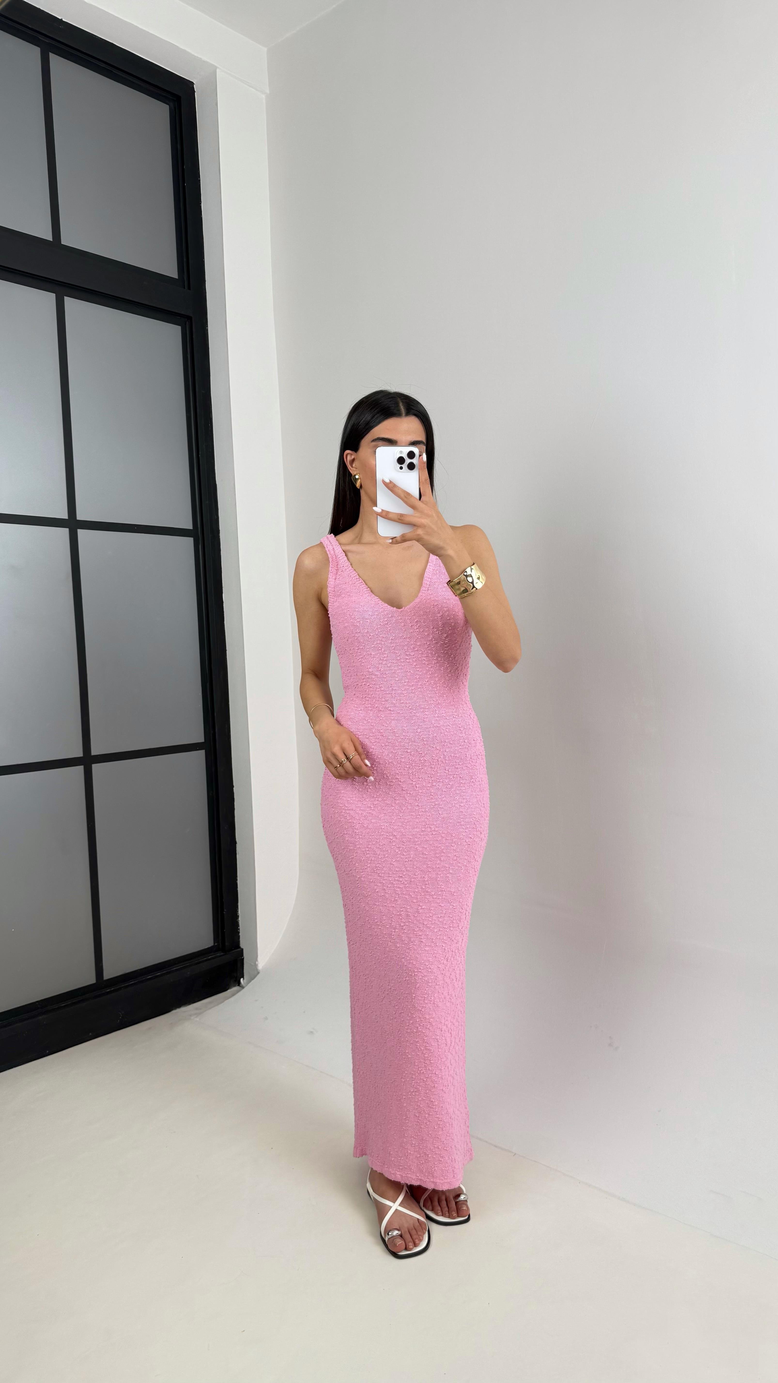 Pembe V Yaka Askılı Triko Elbise Gaus00412GausELBİSEGU1001964