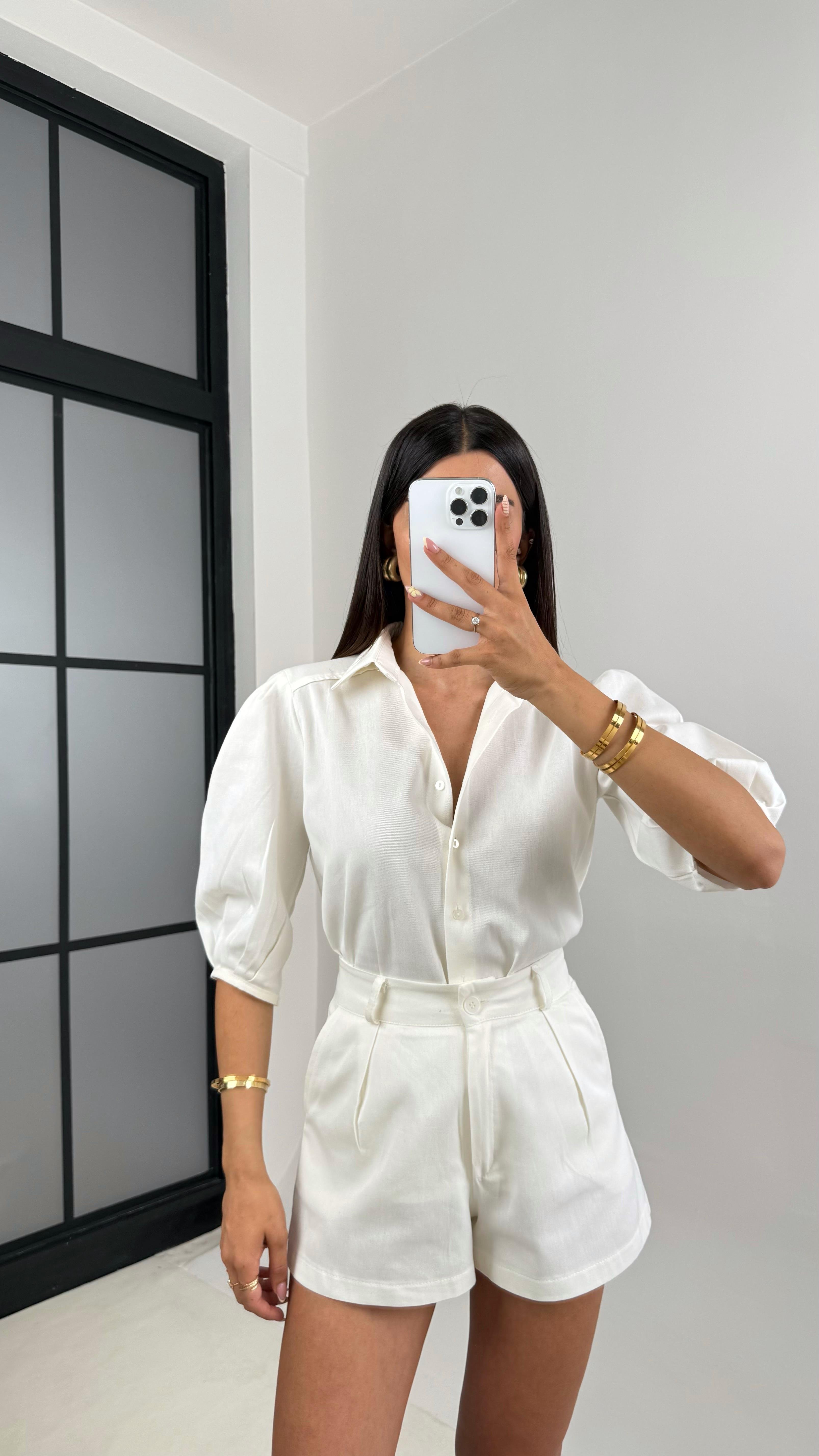 Beyaz Balon Kol Gömlek Şortlu Premium Keten Takım Gaus00675GausTAKIMGU1002556