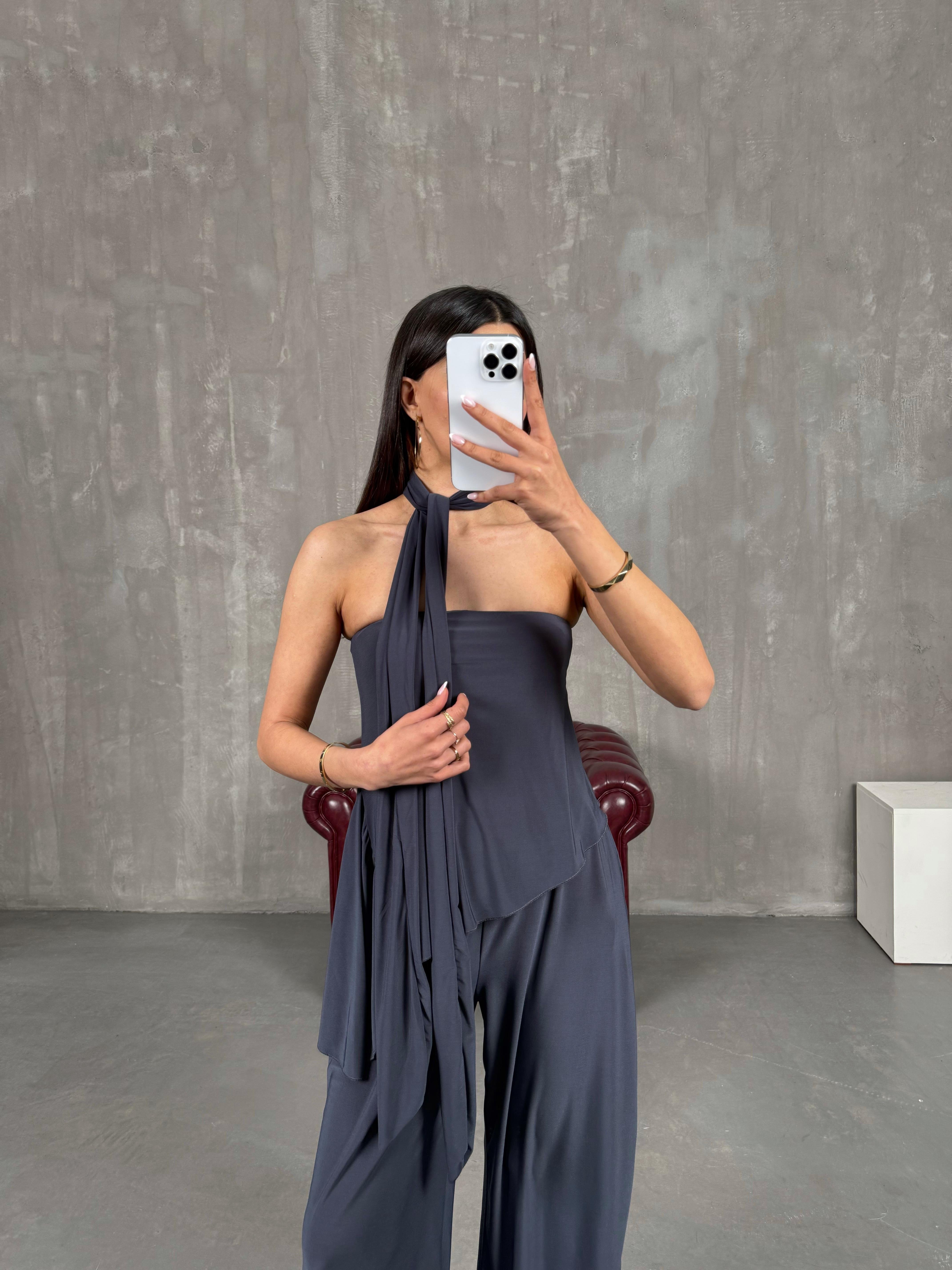 Antrasit Asimetrik Kesim Fularlı İkili Takım Gaus00274GausTAKIMGU1001636