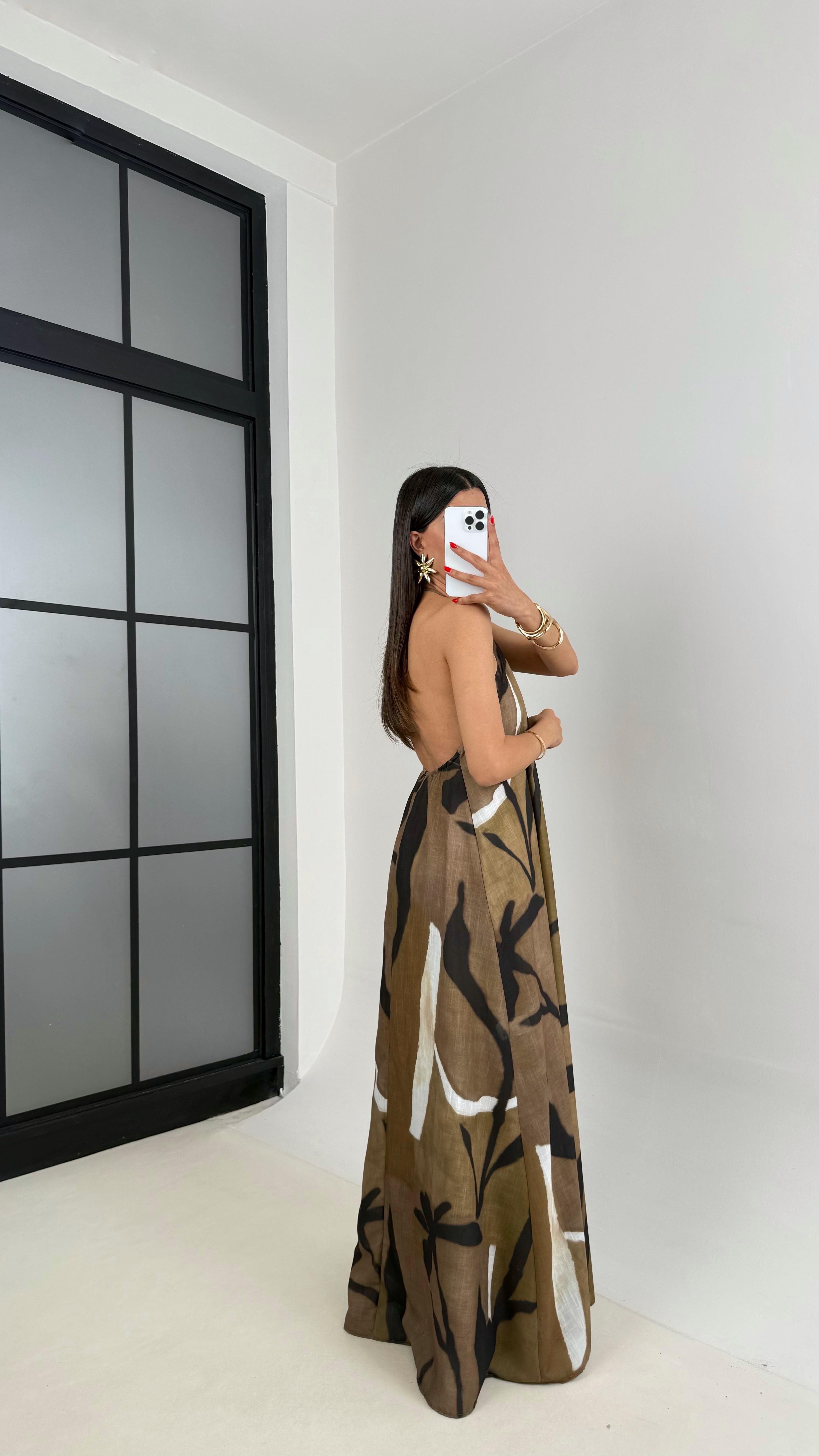 Haki Desenli Boyundan Bağlamalı Astarlı Keten Elbise Gaus00502GausELBİSEGU1002178