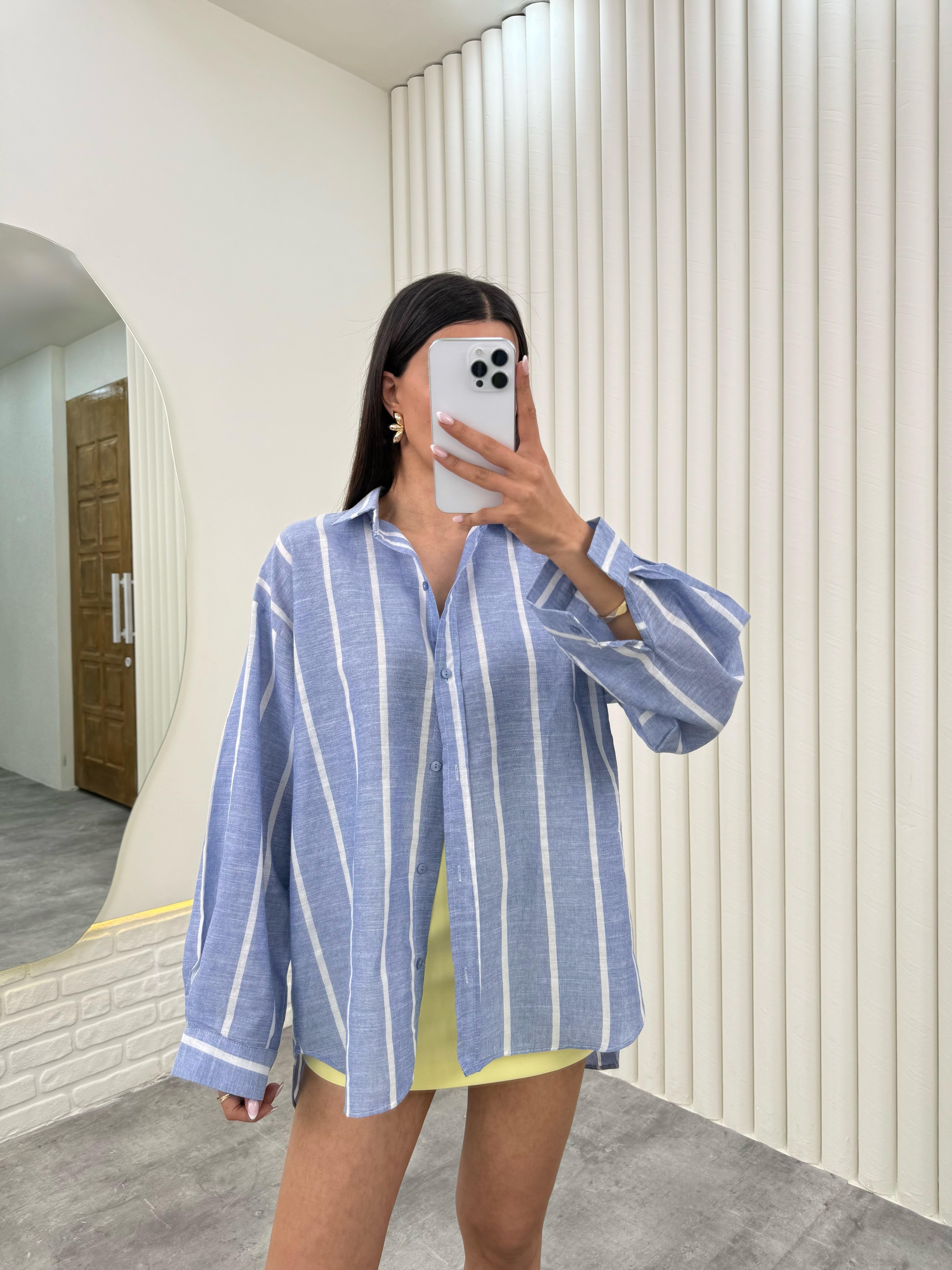 Mavi Beyaz Çizgili Keten Gömlek Gaus00278GausGÖMLEKGU1001645