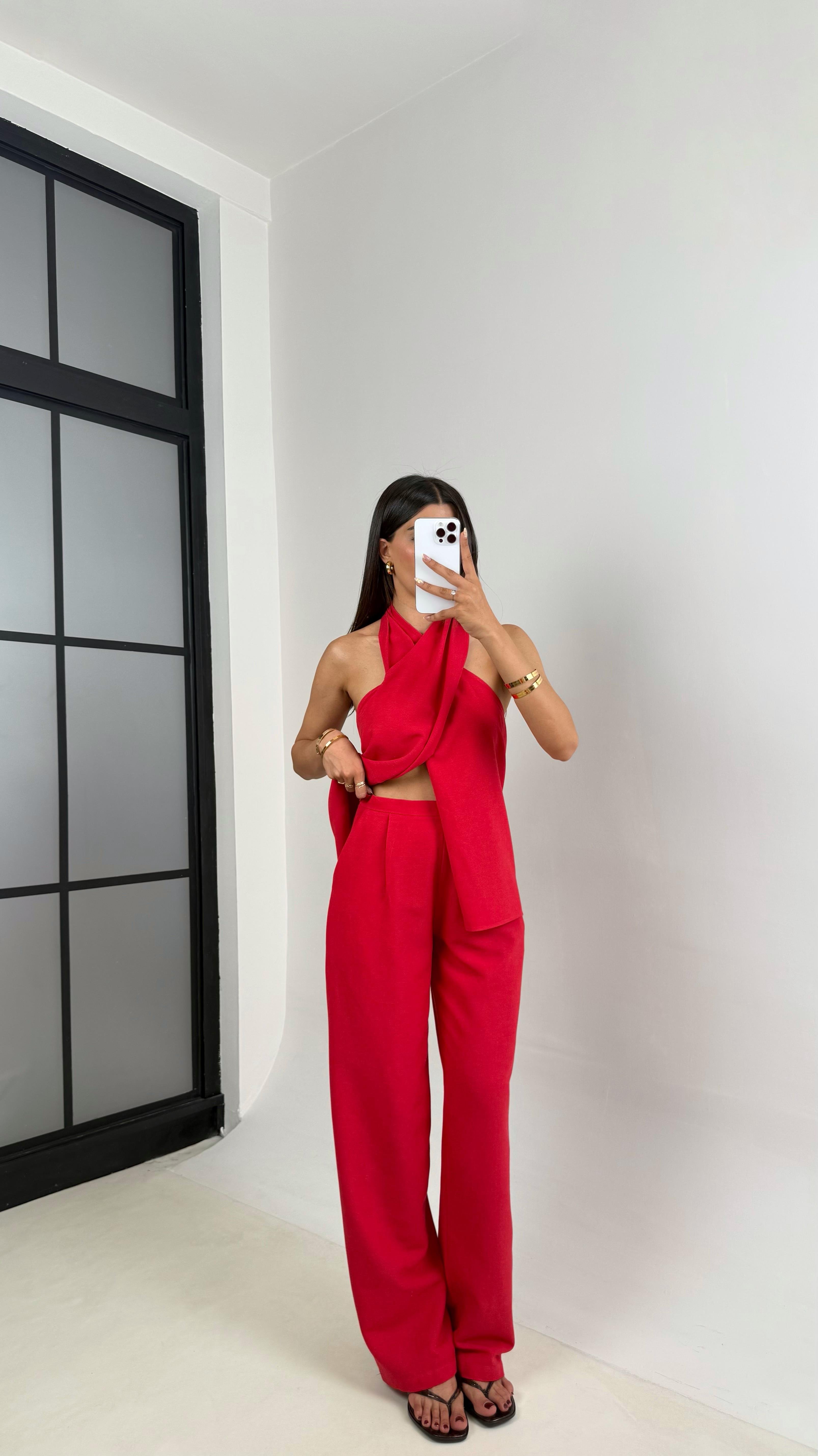 Kırmızı Boyundan Bağlamalı Bluz Cepli Pantolon Tasarım Keten Takım Gaus00667GausTAKIMGU1002541