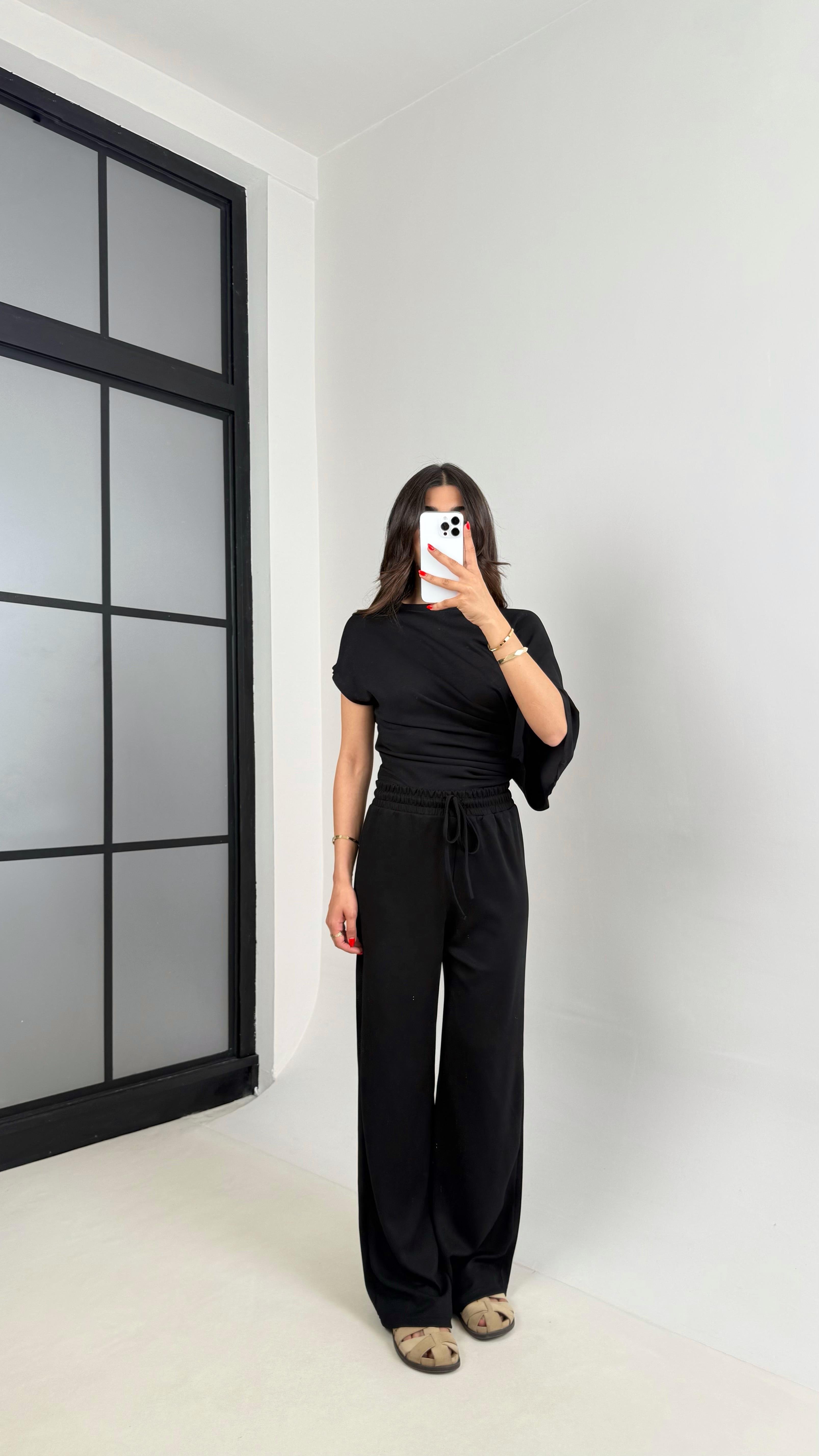 Siyah Yarasa Kol Bluz Beli Lastikli Pantolon Tasarım Modal Kumaş Takım Gaus00490GausTAKIMGU1002151