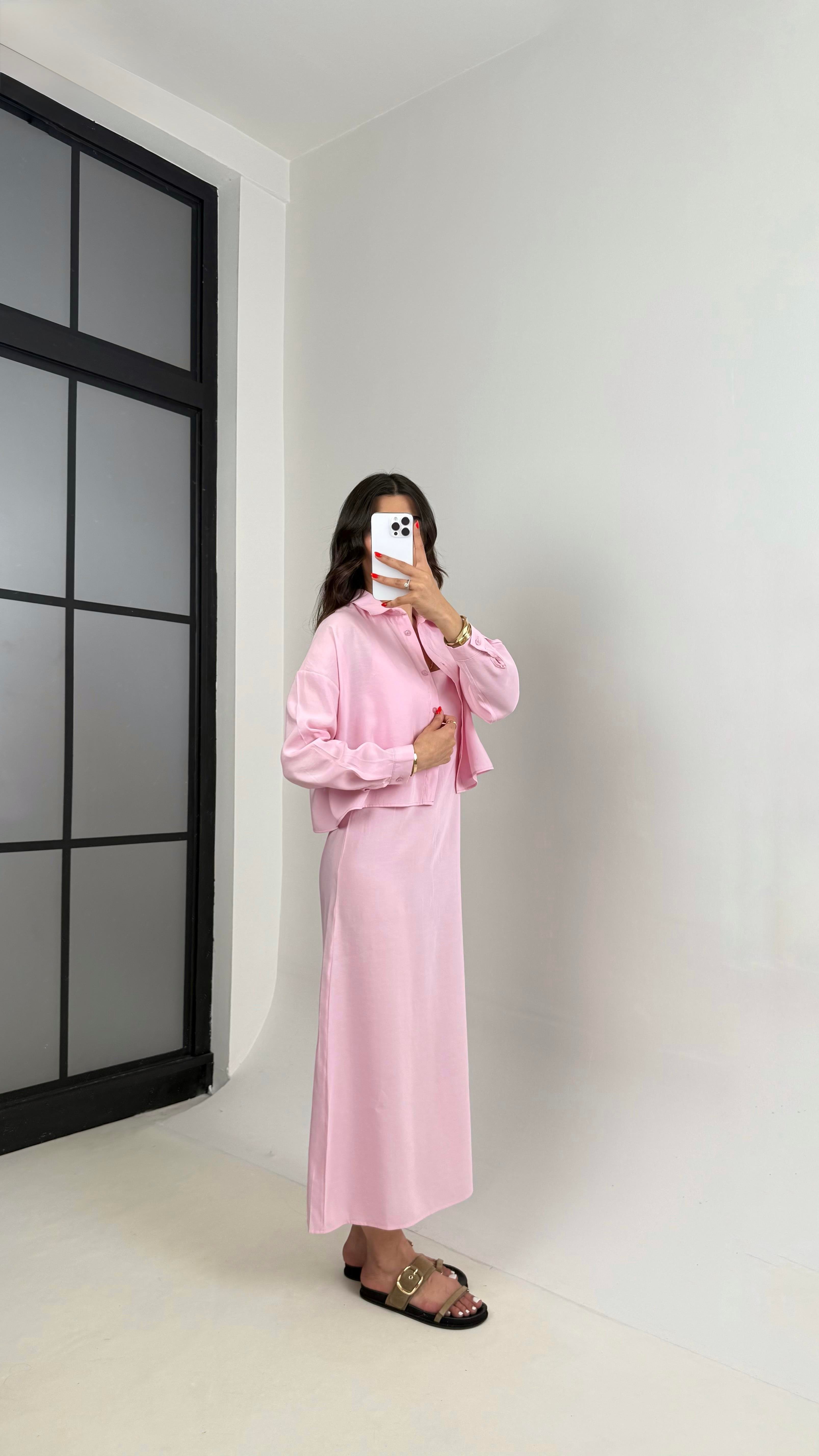 Pembe Ayarlanabilir Askılı Elbise Gömlek İkili Tensel Takım Gaus00467GausTAKIMGU1002091