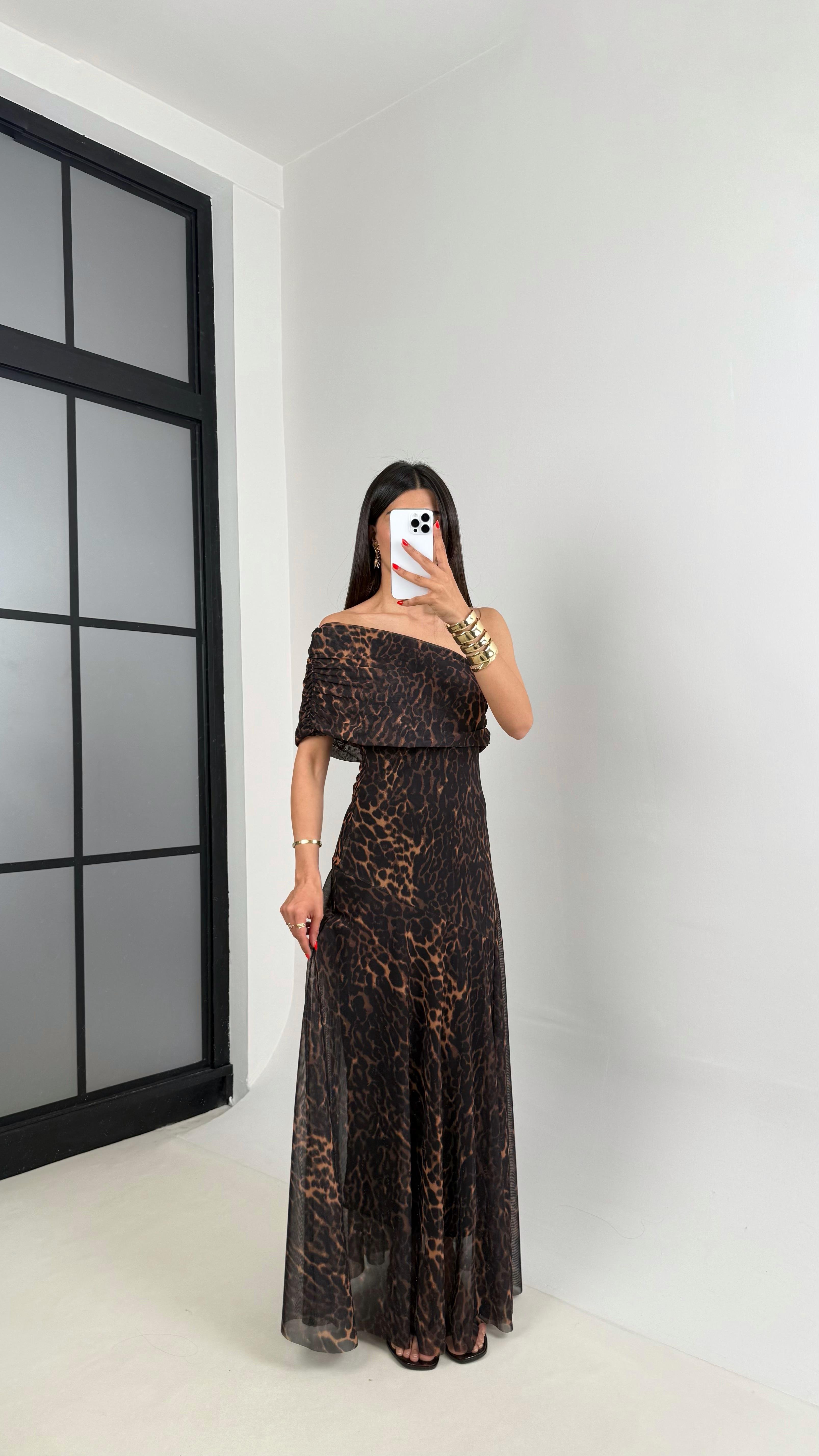 Leopar Desenli Tek Omuz  Astarlı Tasarım Şifon Elbise Gaus00496GausELBİSEGU1002162