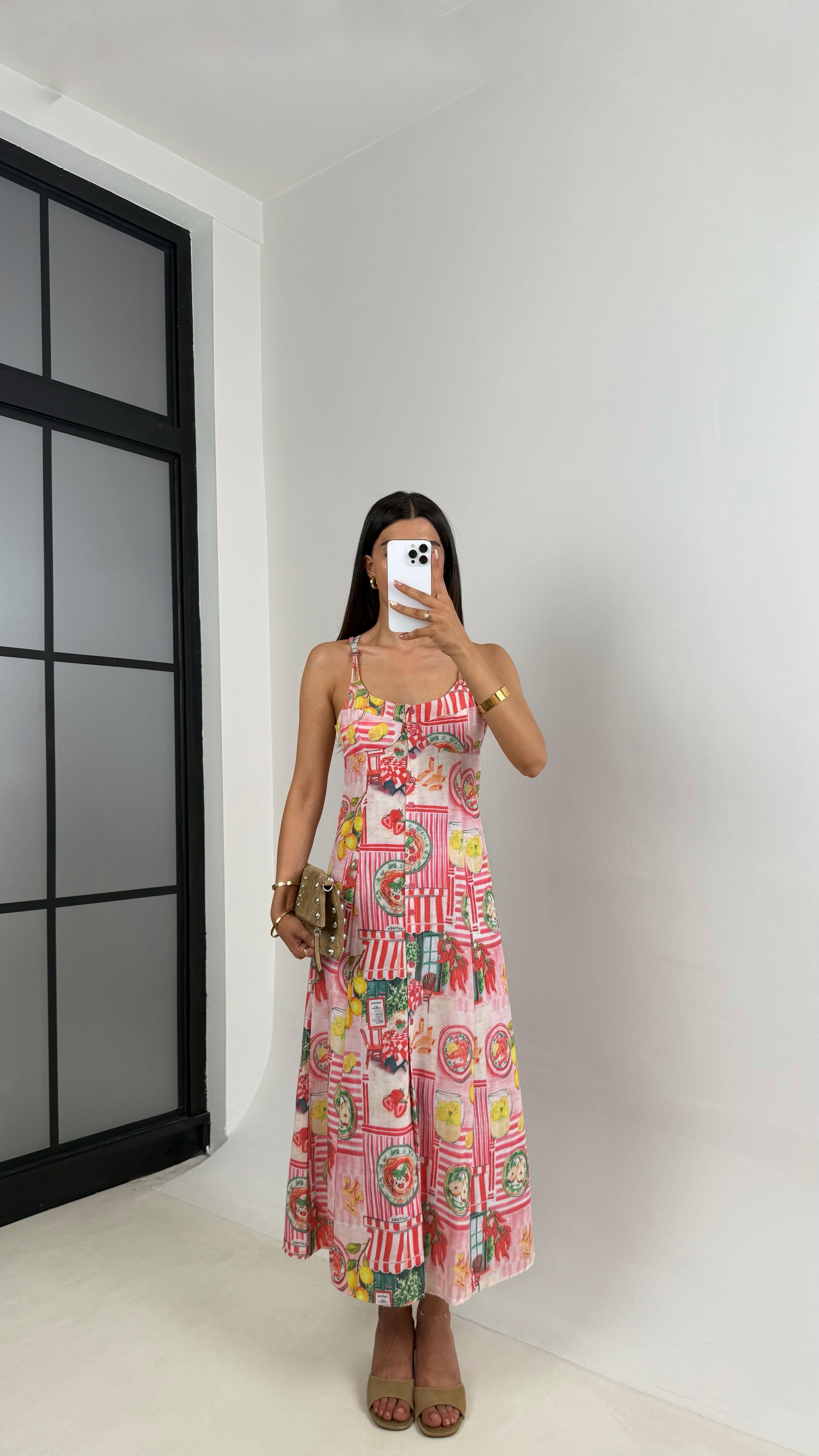 Pembe Desenli Önü Düğmeli Sırt Dekolteli Pinterest Keten Elbise Gaus00673GausELBİSEGU1002551