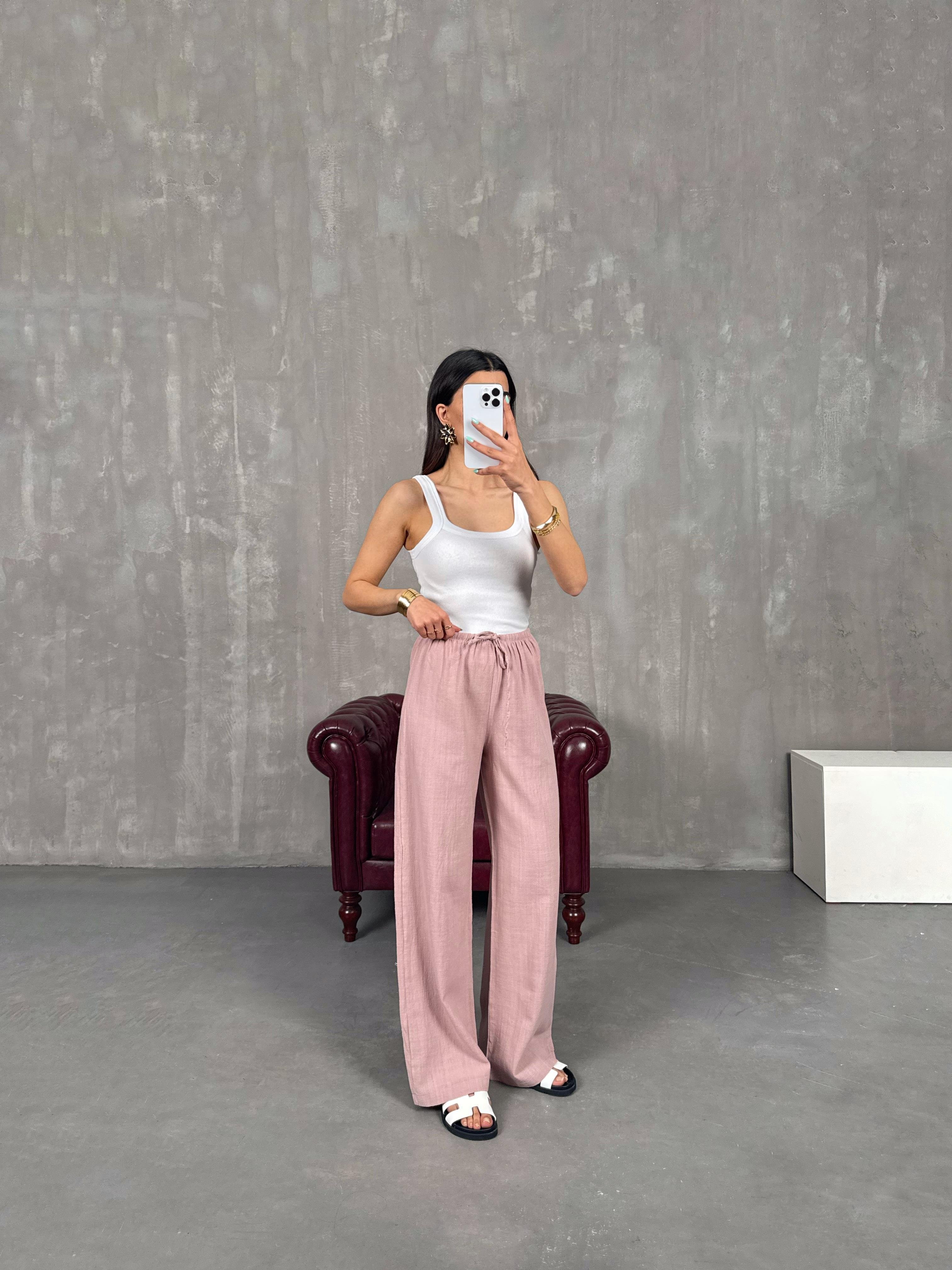 Gül Kurusu Beli Lastikli Keten Pantolon Gaus00237GausPANTOLONGU1001547