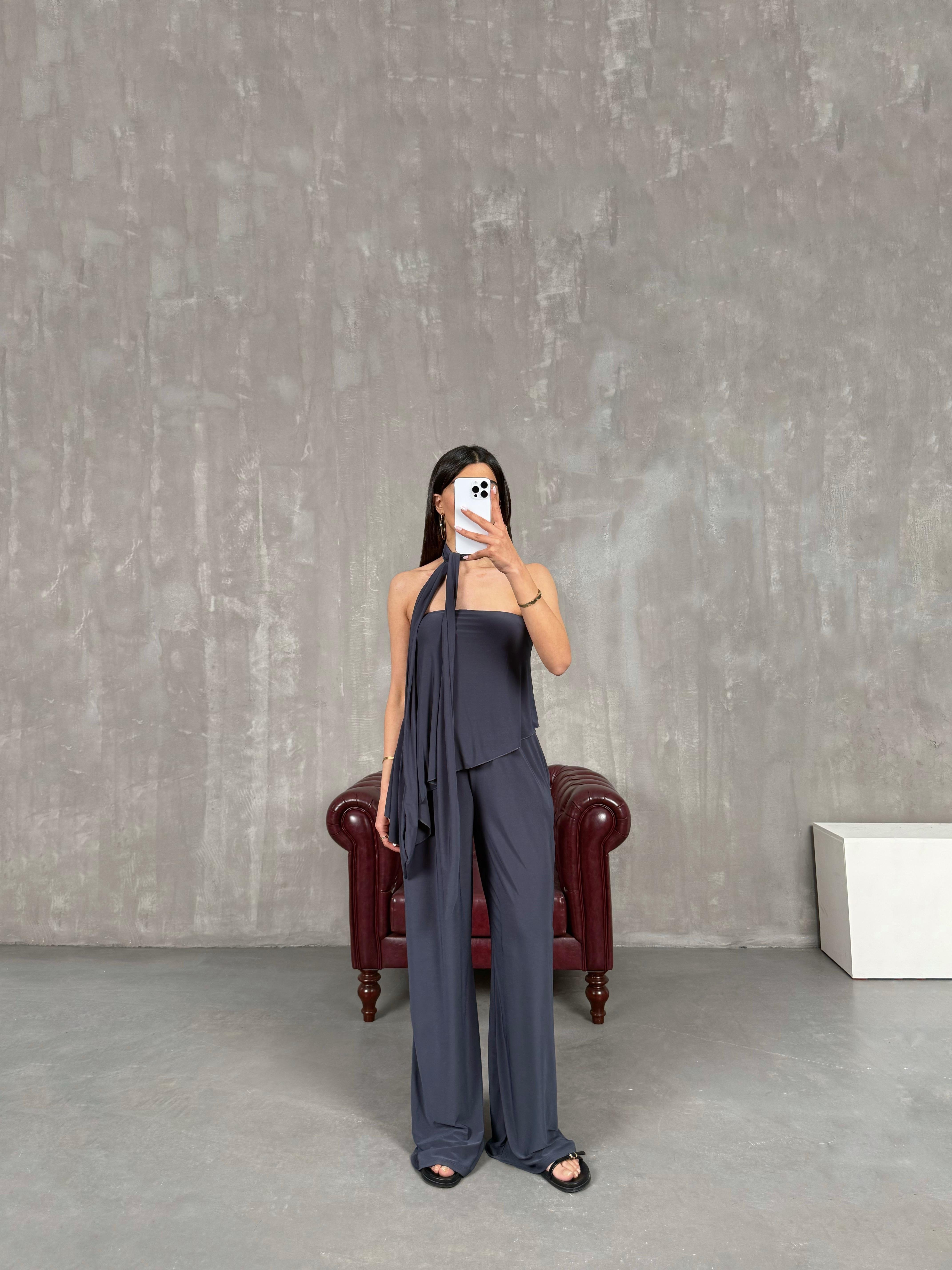 Antrasit Asimetrik Kesim Fularlı İkili Takım Gaus00274GausTAKIMGU1001636